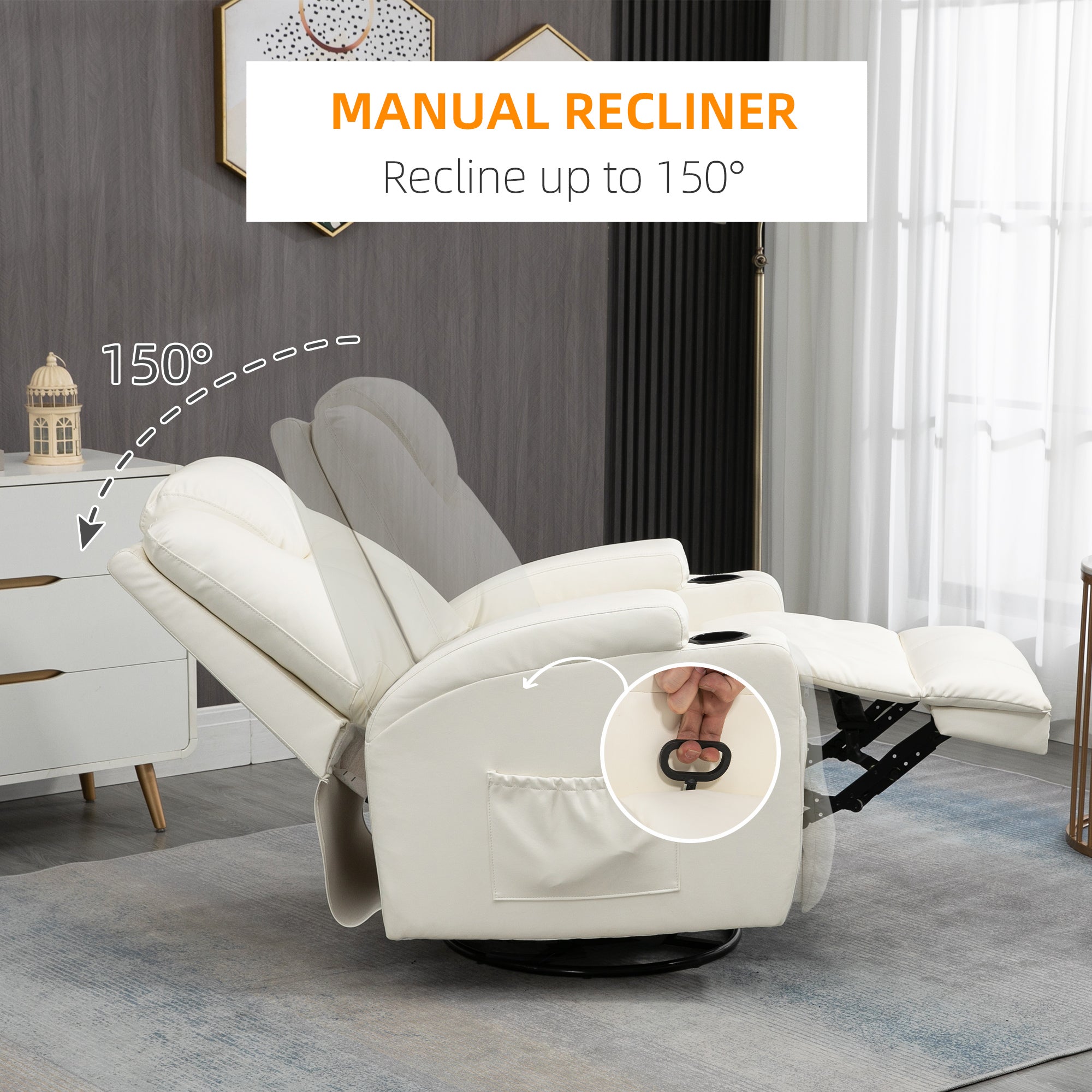 Massage Recliner Chair with Vibration, 360° Swivel, Dual Cup Holders, Cream Single Sofas   at Gallery Canada