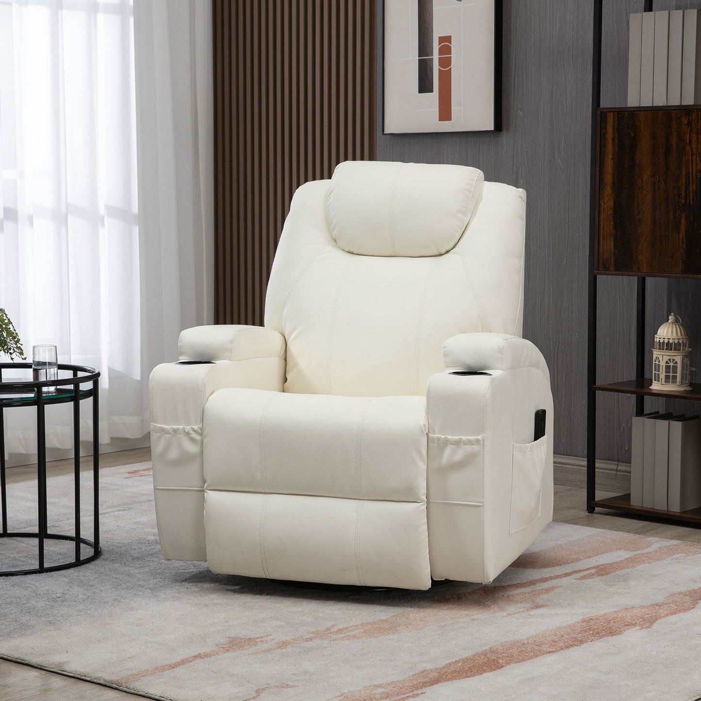 Massage Recliner Chair with Vibration, 360° Swivel, Dual Cup Holders, Cream Single Sofas   at Gallery Canada