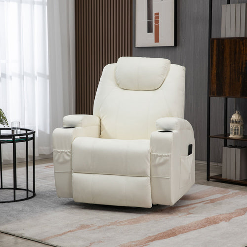 Massage Recliner Chair with Vibration, 360° Swivel, Dual Cup Holders, Cream