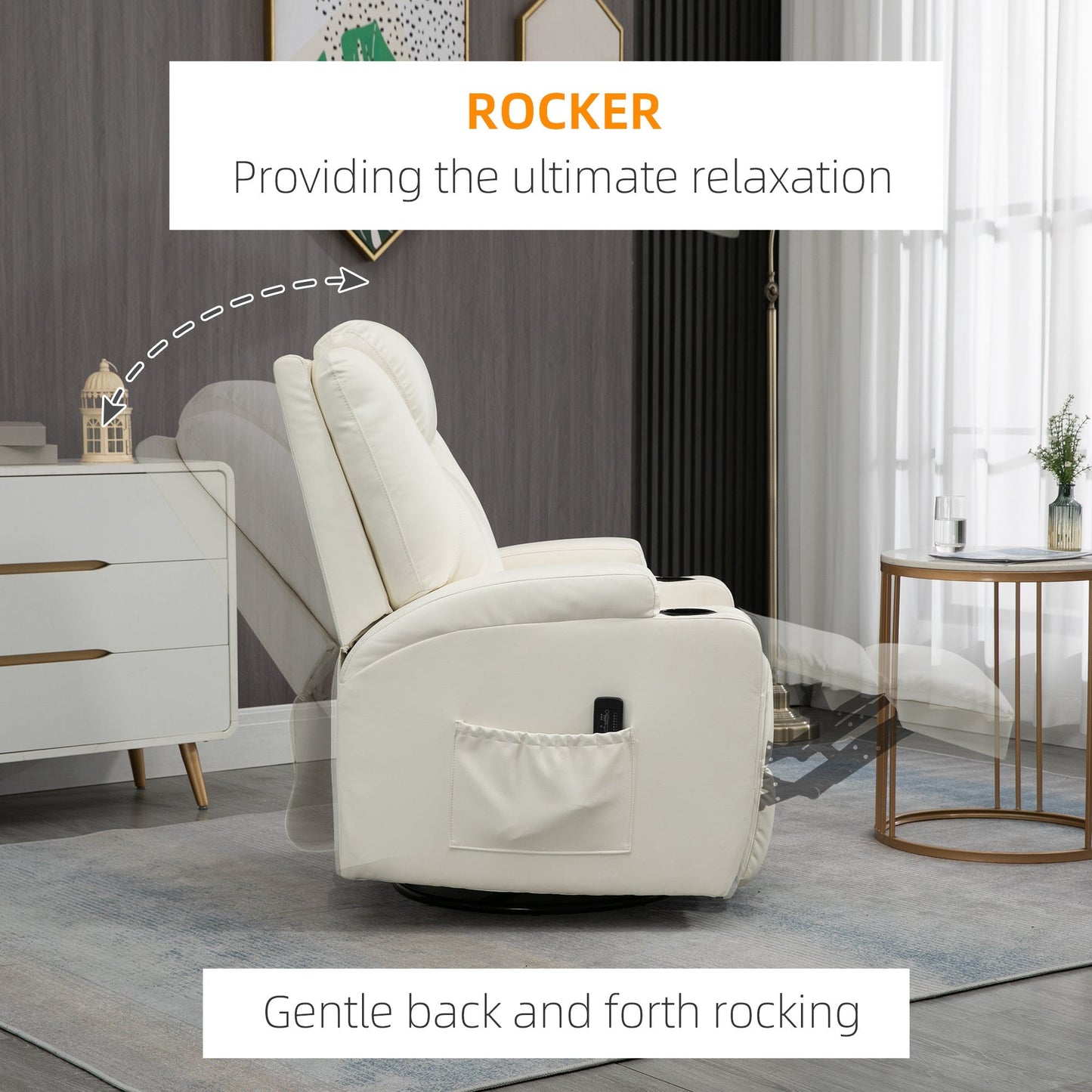 Massage Recliner Chair with Vibration, 360° Swivel, Dual Cup Holders, Cream Single Sofas   at Gallery Canada