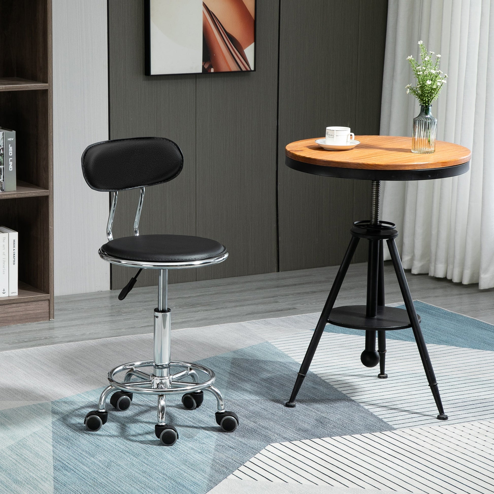 Faux Leather Salon Stool, Height Adjustable Rolling Stool with Footrest Ring, Back and Wheels for Beauty, Tattoo, Black Salon Stools   at Gallery Canada