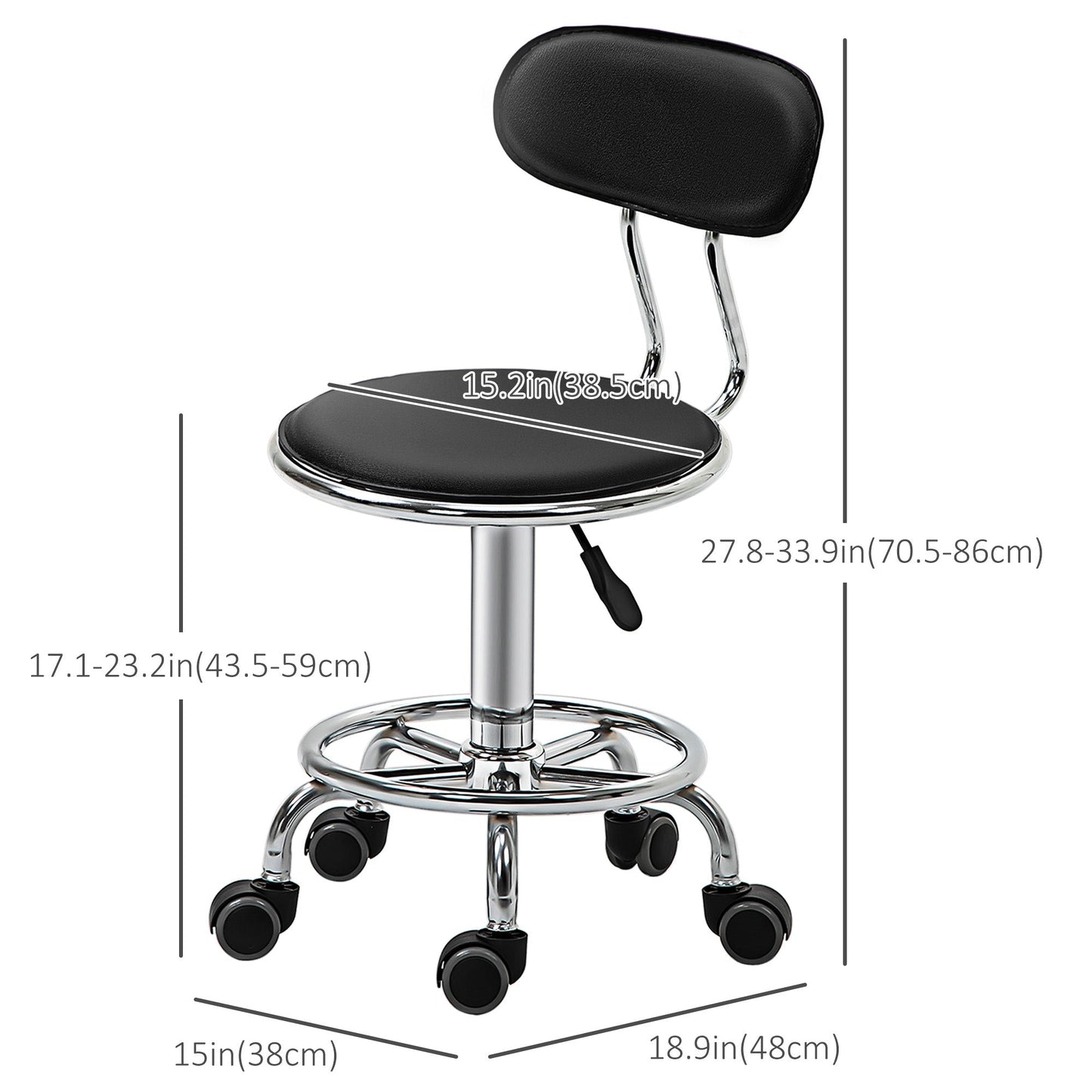 Faux Leather Salon Stool, Height Adjustable Rolling Stool with Footrest Ring, Back and Wheels for Beauty, Tattoo, Black Salon Stools   at Gallery Canada