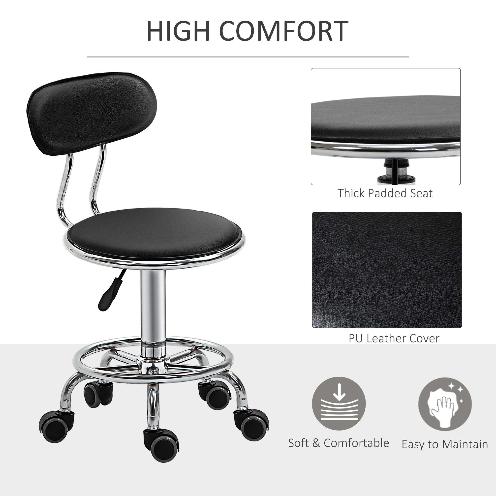 Faux Leather Salon Stool, Height Adjustable Rolling Stool with Footrest Ring, Back and Wheels for Beauty, Tattoo, Black Salon Stools   at Gallery Canada