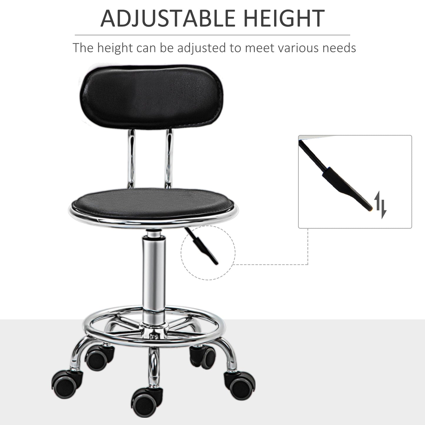 Faux Leather Salon Stool, Height Adjustable Rolling Stool with Footrest Ring, Back and Wheels for Beauty, Tattoo, Black Salon Stools   at Gallery Canada