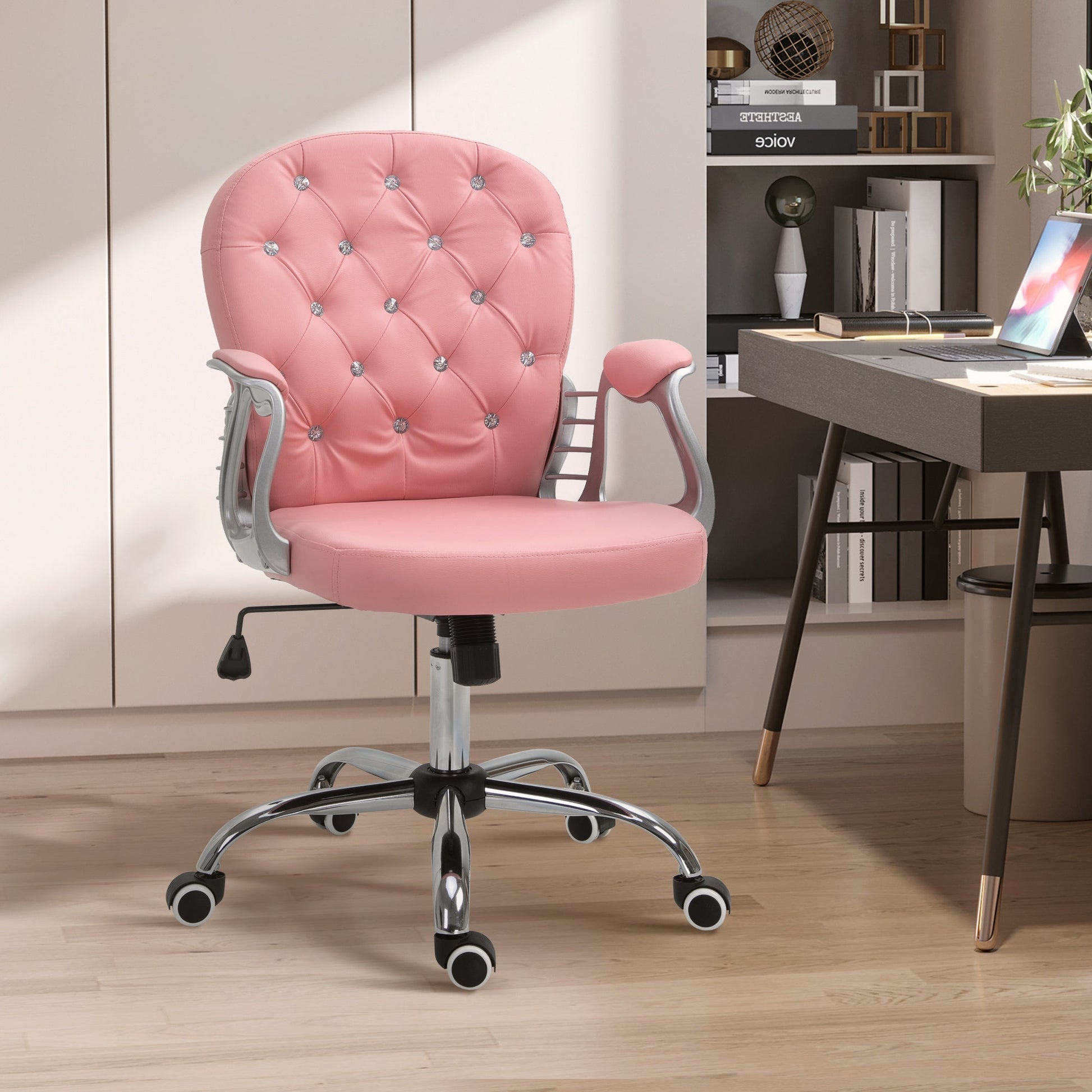 Faux Leather Vanity Office Chair, Button Tufted Swivel Chair with Adjustable Height, Padded Armrests and Tilt Function, Pink Task Chairs   at Gallery Canada