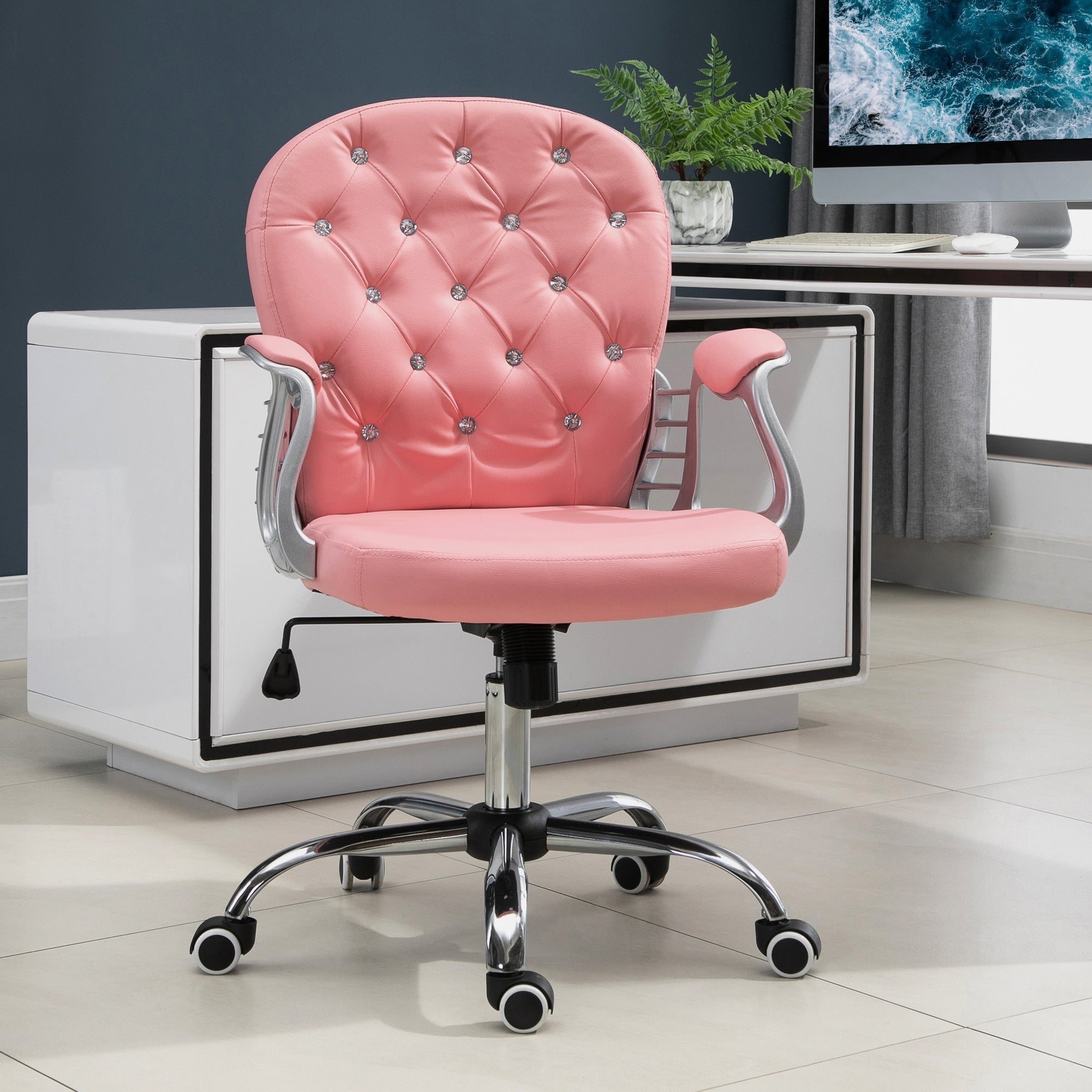 Faux Leather Vanity Office Chair, Button Tufted Swivel Chair with Adjustable Height, Padded Armrests and Tilt Function, Pink Task Chairs   at Gallery Canada