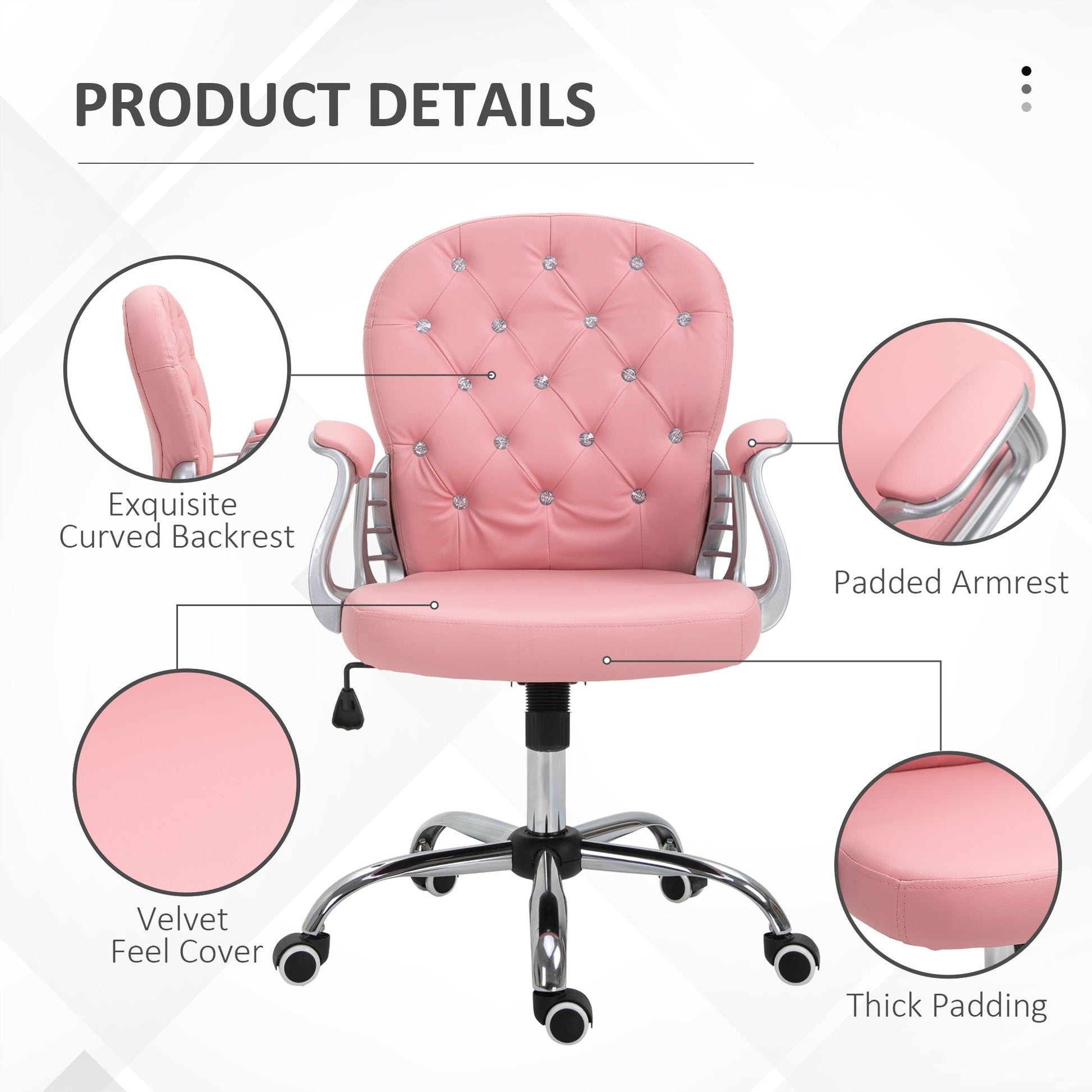 Faux Leather Vanity Office Chair, Button Tufted Swivel Chair with Adjustable Height, Padded Armrests and Tilt Function, Pink Task Chairs   at Gallery Canada