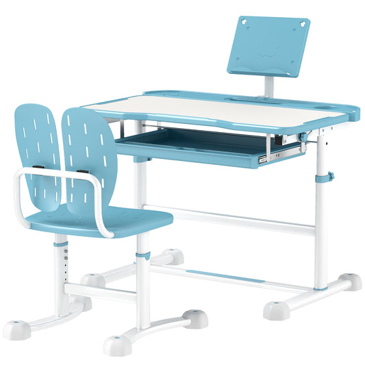 Height Adjustable Kids Desk and Chair Set with Tilt Desktop, Large Writing Board, Storage Drawer, Book Stand, Blue Kids Desk Sets   at Gallery Canada