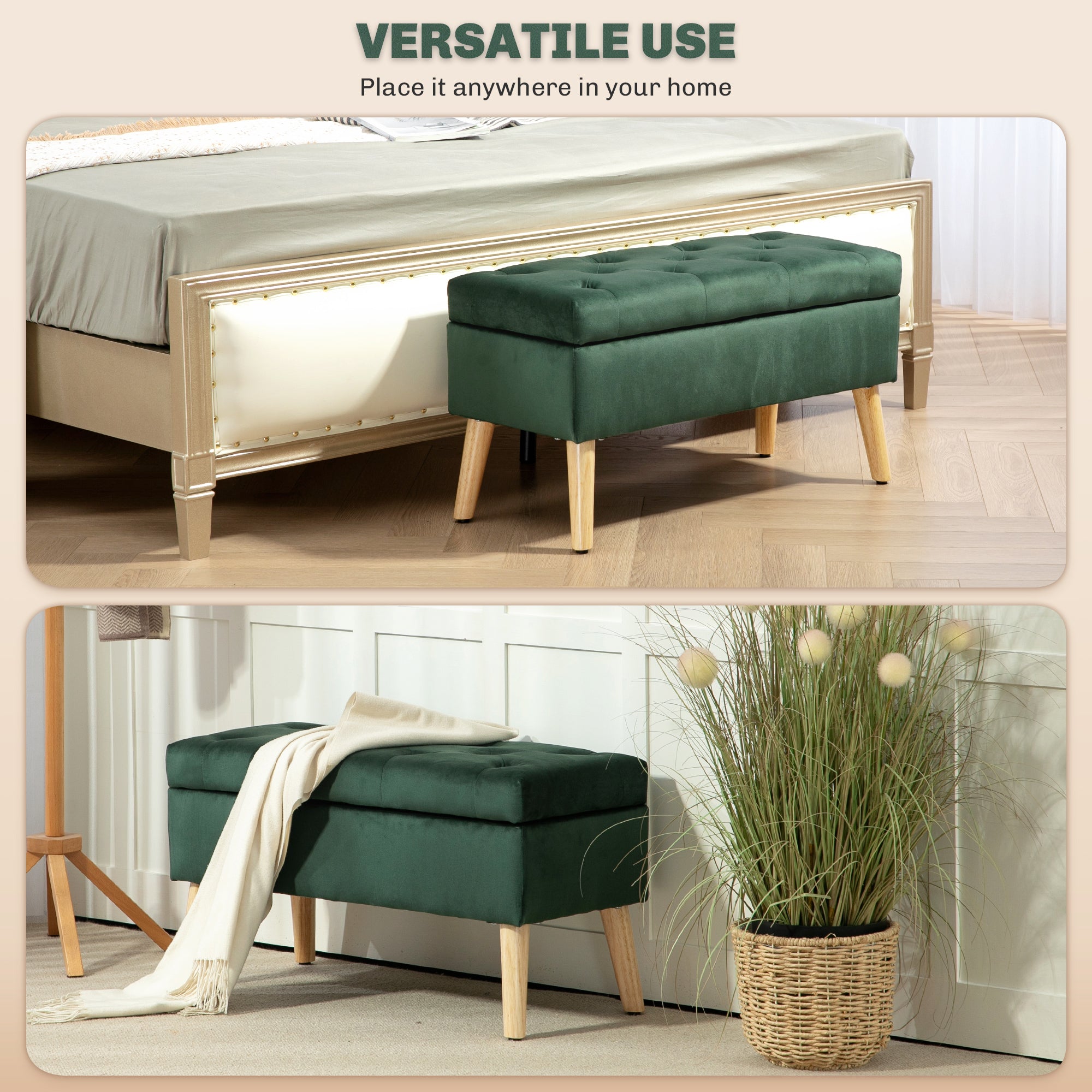 Storage Ottoman with Lid, Velvet Upholstered Storage Bench with Wood Legs for Living Room, Dark Green Storage Ottomans & Benches at Gallery Canada