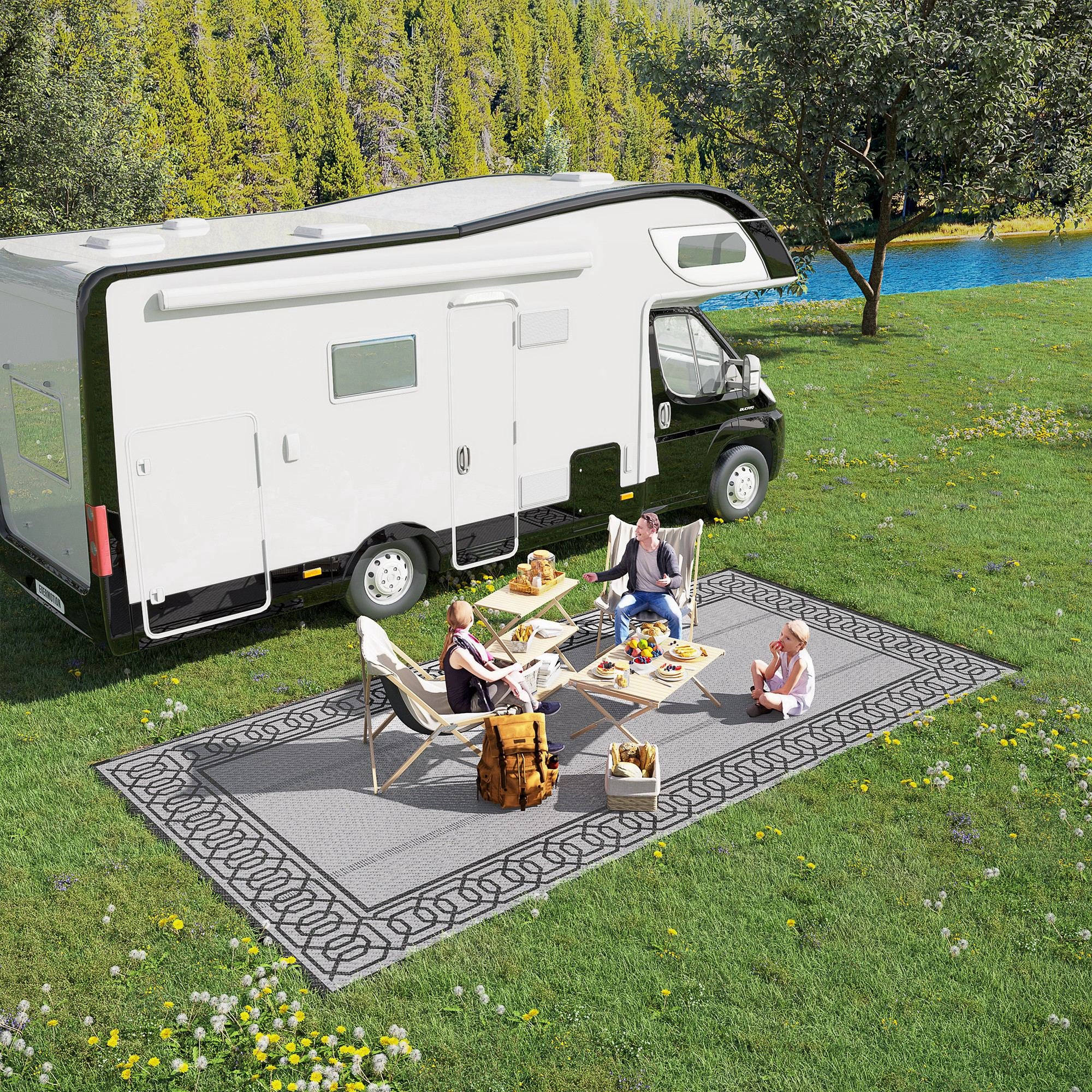 Portable Outdoor Rug with Carrying Bag, 9' x 18' Reversible Mat, Waterproof Plastic Straw RV Rug for Backyard, Deck, Picnic, Beach, Camping, Black and Grey Outdoor Reversible Rugs at Gallery Canada