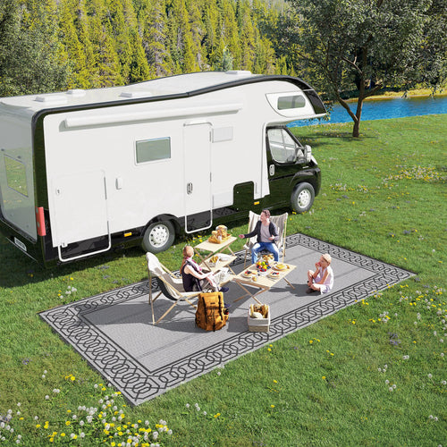 Portable Outdoor Rug with Carrying Bag, 9' x 18' Reversible Mat, Waterproof Plastic Straw RV Rug for Backyard, Deck, Picnic, Beach, Camping, Black and Grey