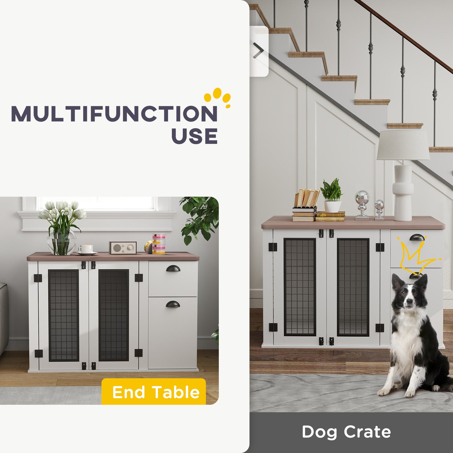 44" Dog Crate Furniture with Double Doors, Storage Drawer, for Medium Dogs, White Houses, Kennels & Pens   at Gallery Canada