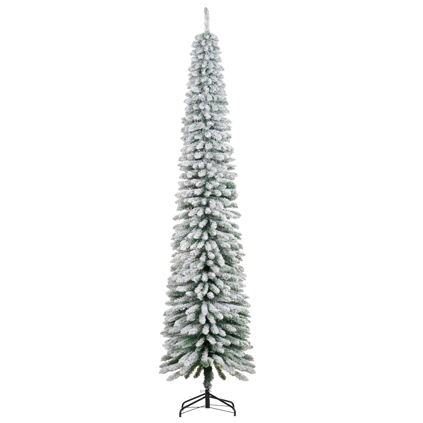 9ft Snow-Flocked Artificial Christmas Tree, Slim Pencil Xmas Tree with 714 Realistic Branches, Metal Base, Green Flocked Christmas Trees at Gallery Canada