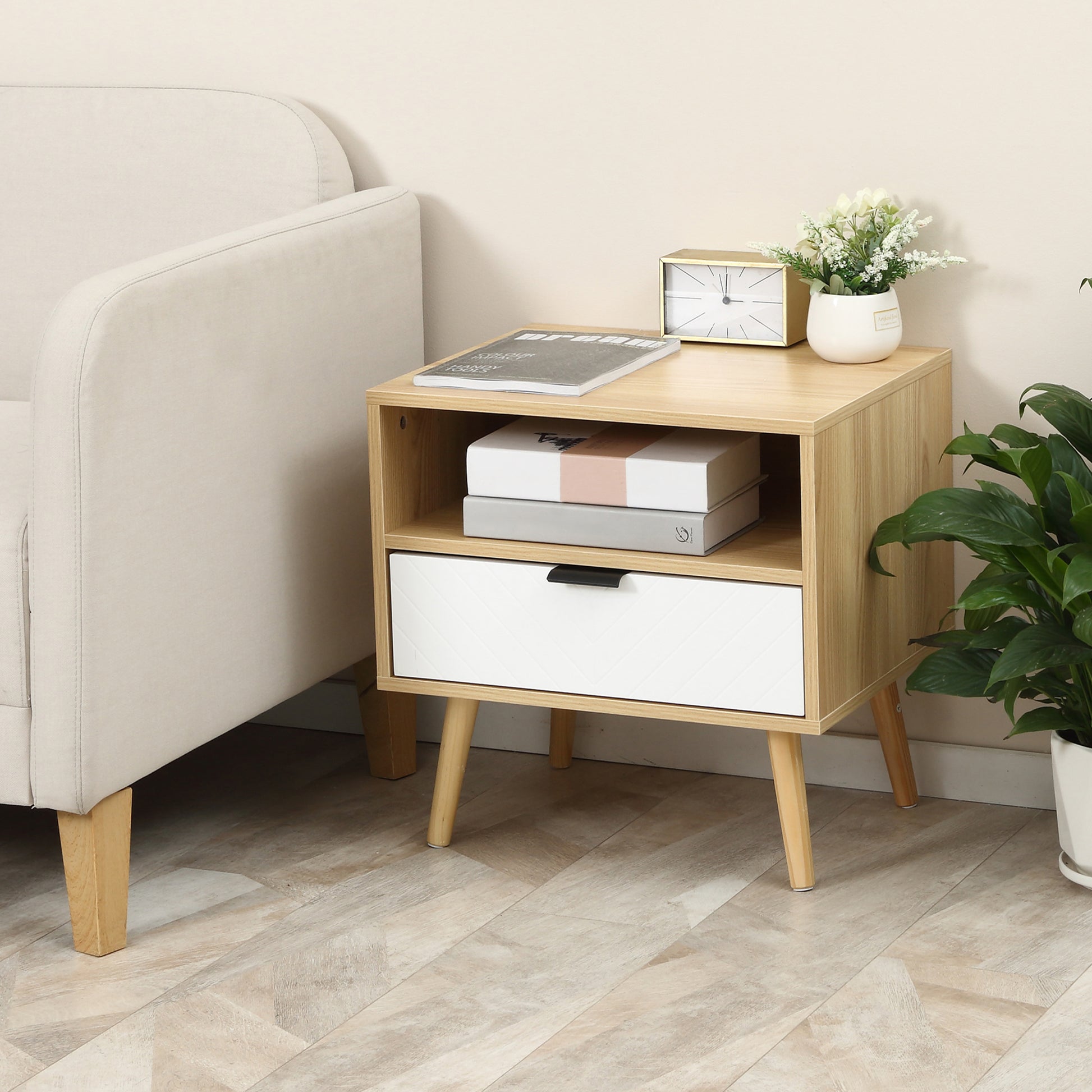Modern Nightstand, Bedside Table with Drawer and Shelf for Bedroom, Living Room, Natural Bedside Tables   at Gallery Canada