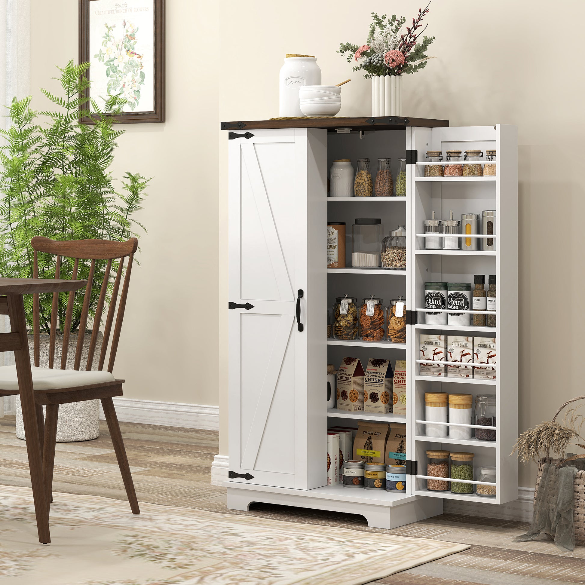 47" Kitchen Pantry Storage Cabinet, Farmhouse Kitchen Pantry Cabinet with Adjustable Shelves and Door Shelves, White Kitchen Pantry Cabinets at Gallery Canada