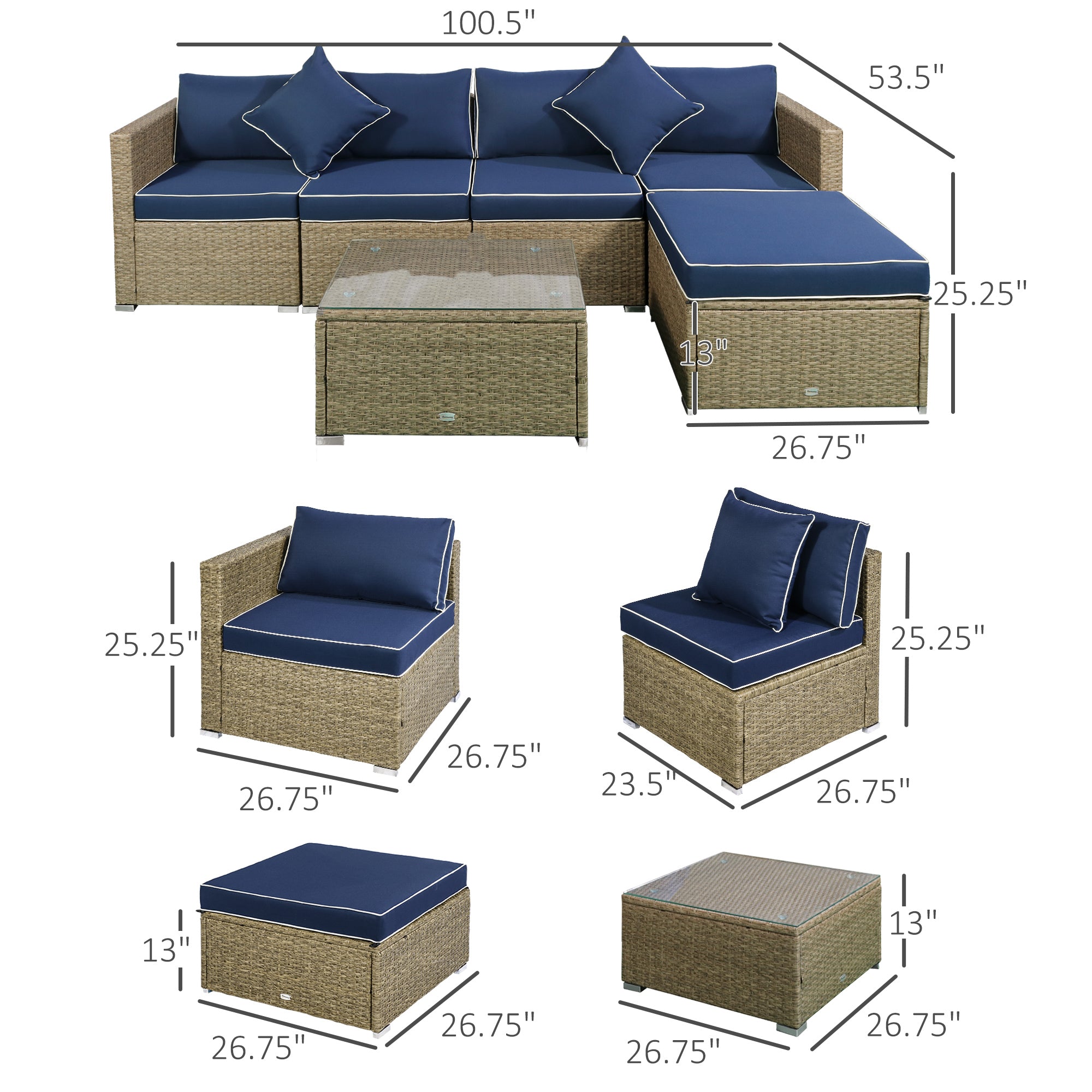 6 Pieces Outdoor PE Rattan Wicker Patio Furniture Sofa Set with Thick Cushions, Deluxe Garden Sectional Couch with Glass Top Table, Yellow and Navy Blue Patio Furniture Sets at Gallery Canada