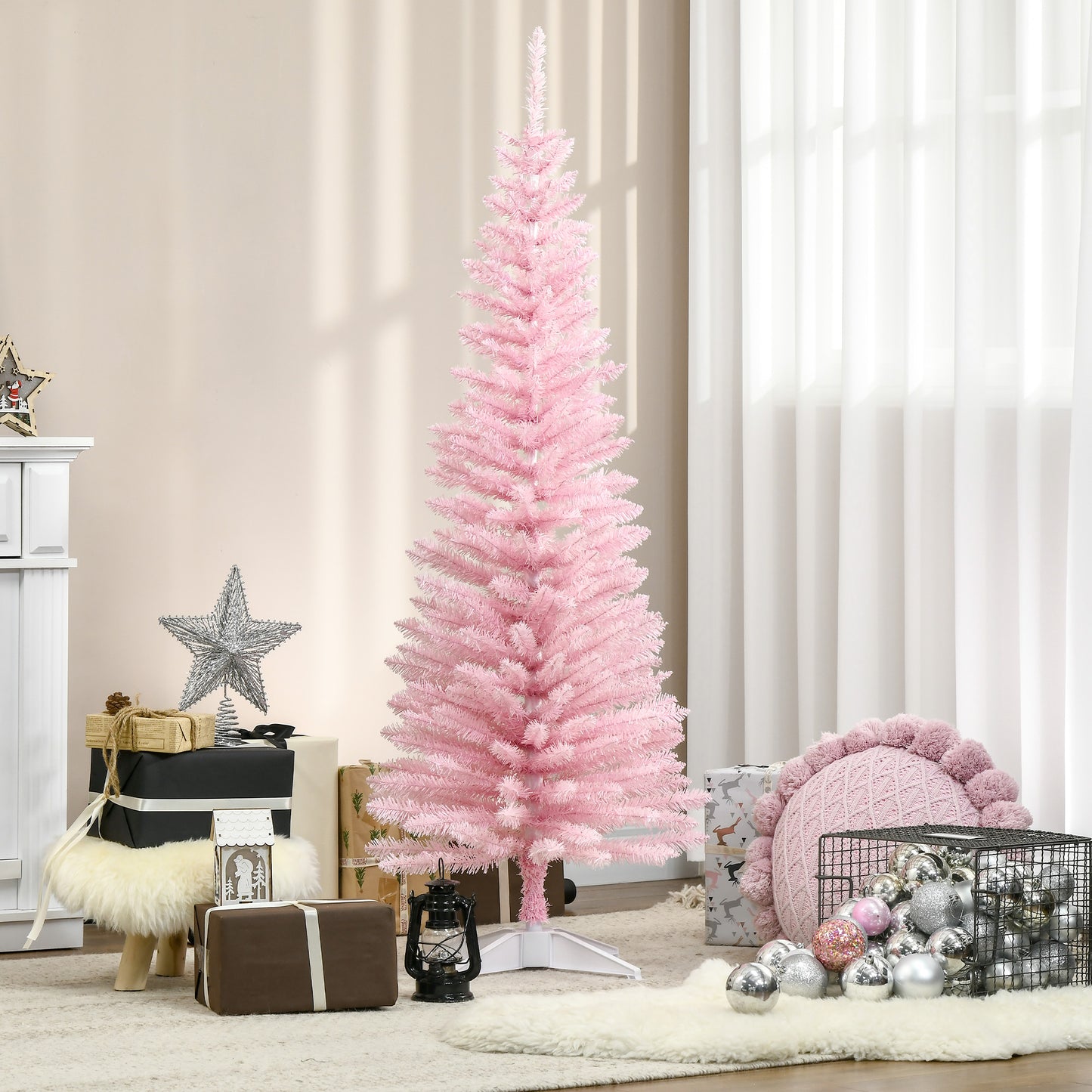 5FT Artificial Christmas Tree, Pencil Christmas Tree with Realistic Branches, Stable Stand, Pink Pencil Christmas Trees   at Gallery Canada