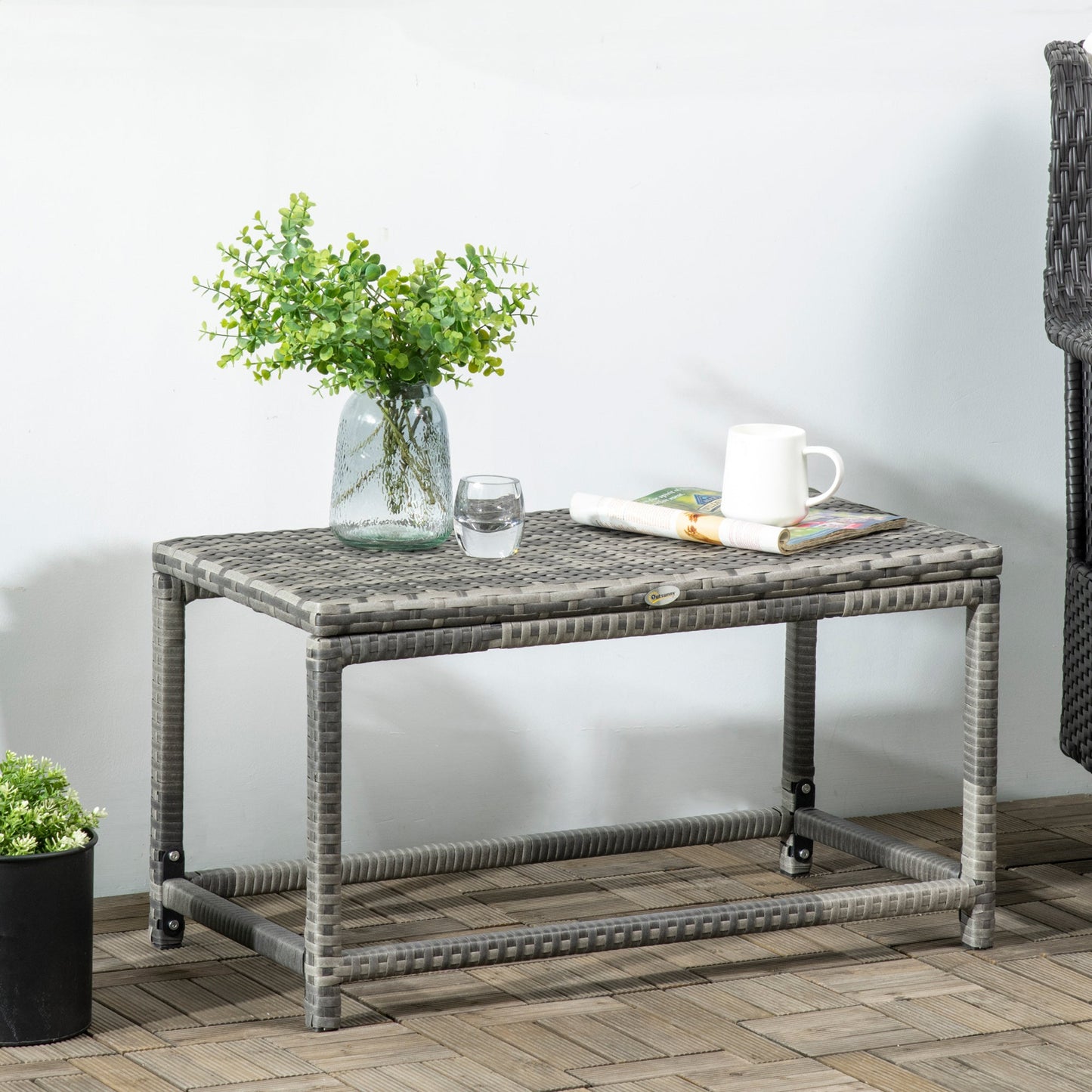 Patio Rattan End Table, Outdoor Side Table with Full Woven Table Top for Garden, Balcony, Mixed Grey Patio Side Tables   at Gallery Canada