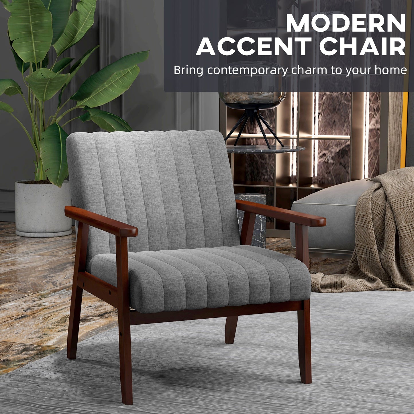 Upholstered Armchair, Modern Accent Chair with Wood Legs and Tufting Backrest for Living Room, Bedroom, Grey Accent Chairs   at Gallery Canada