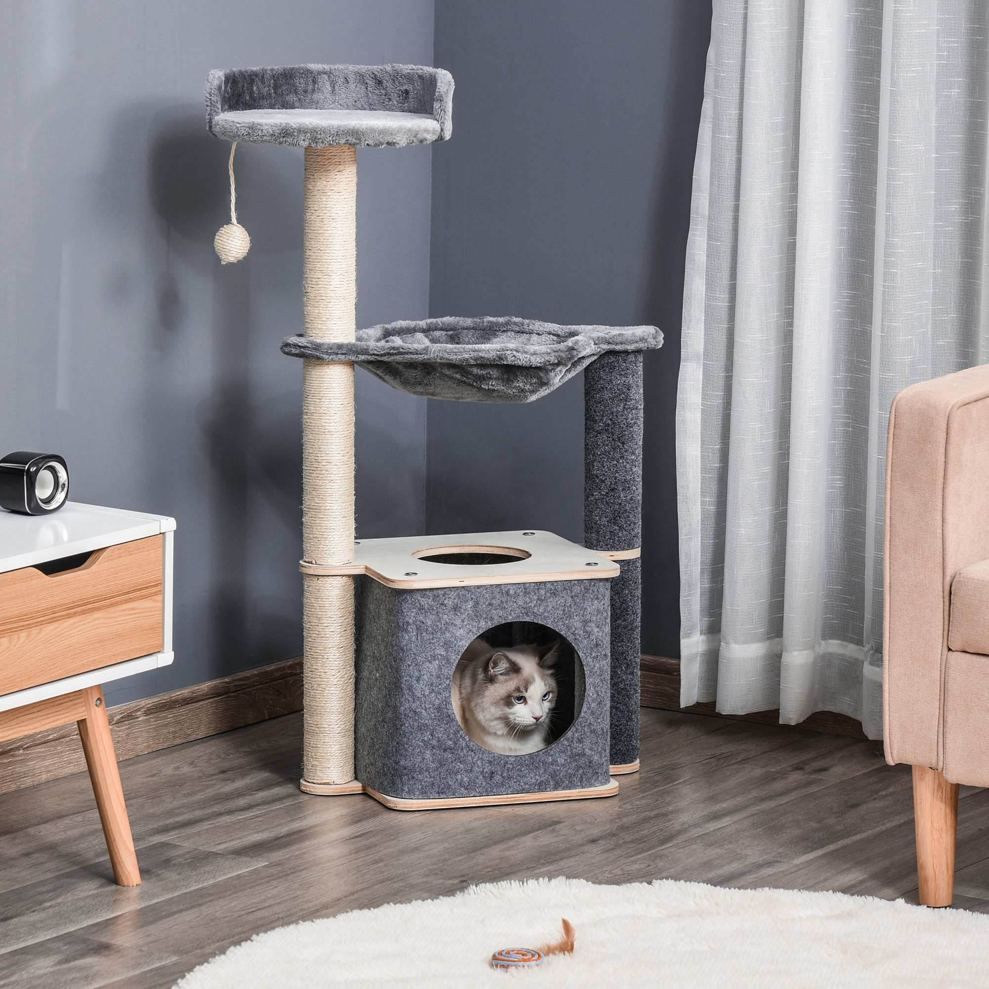 Cat Tree, Multi-Level Cat Tower with Cat Scratching Post, Perch, Cat Condo, Hammock, Hanging Toy Ball, Grey Cat Towers   at Gallery Canada