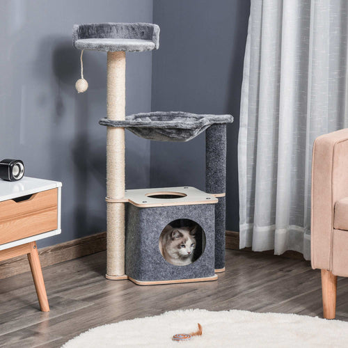 Cat Tree, Multi-Level Cat Tower with Cat Scratching Post, Perch, Cat Condo, Hammock, Hanging Toy Ball, Grey