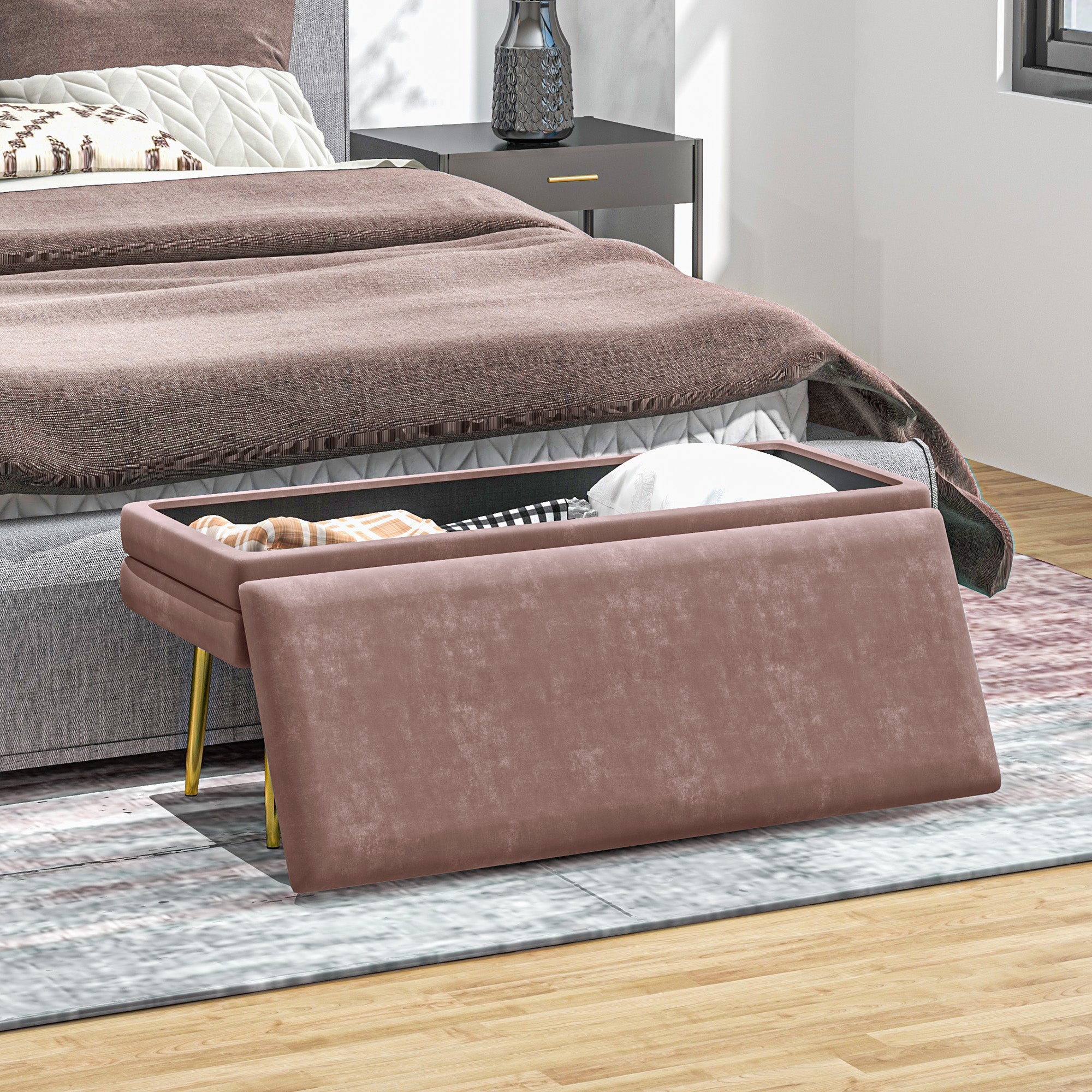 End of Bed Bench, Velvet-feel Upholstered Bench with Thick Padded Seat and Steel Legs, Modern Bedroom Bench, Pink Storage Ottomans & Benches at Gallery Canada