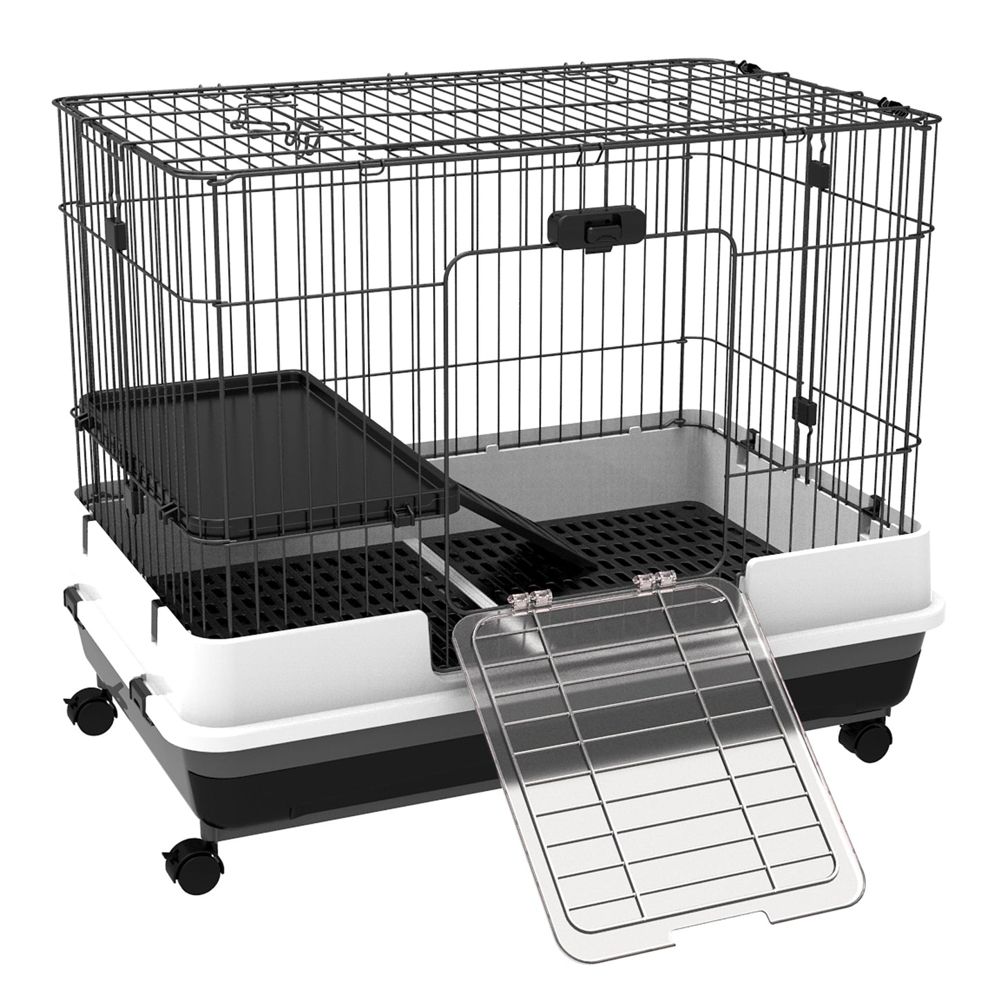 32"L 2-Level Small Animal Cage Rabbit Hutch with Universal Lockable Wheels, Slide-Out Tray for Bunny, Chinchillas, Ferret, Black Rabbit Hutch Multi Colour  at Gallery Canada