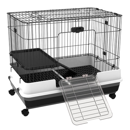 32"L 2-Level Small Animal Cage Rabbit Hutch with Universal Lockable Wheels, Slide-Out Tray for Bunny, Chinchillas, Ferret, Black Rabbit Hutch Multi Colour  at Gallery Canada