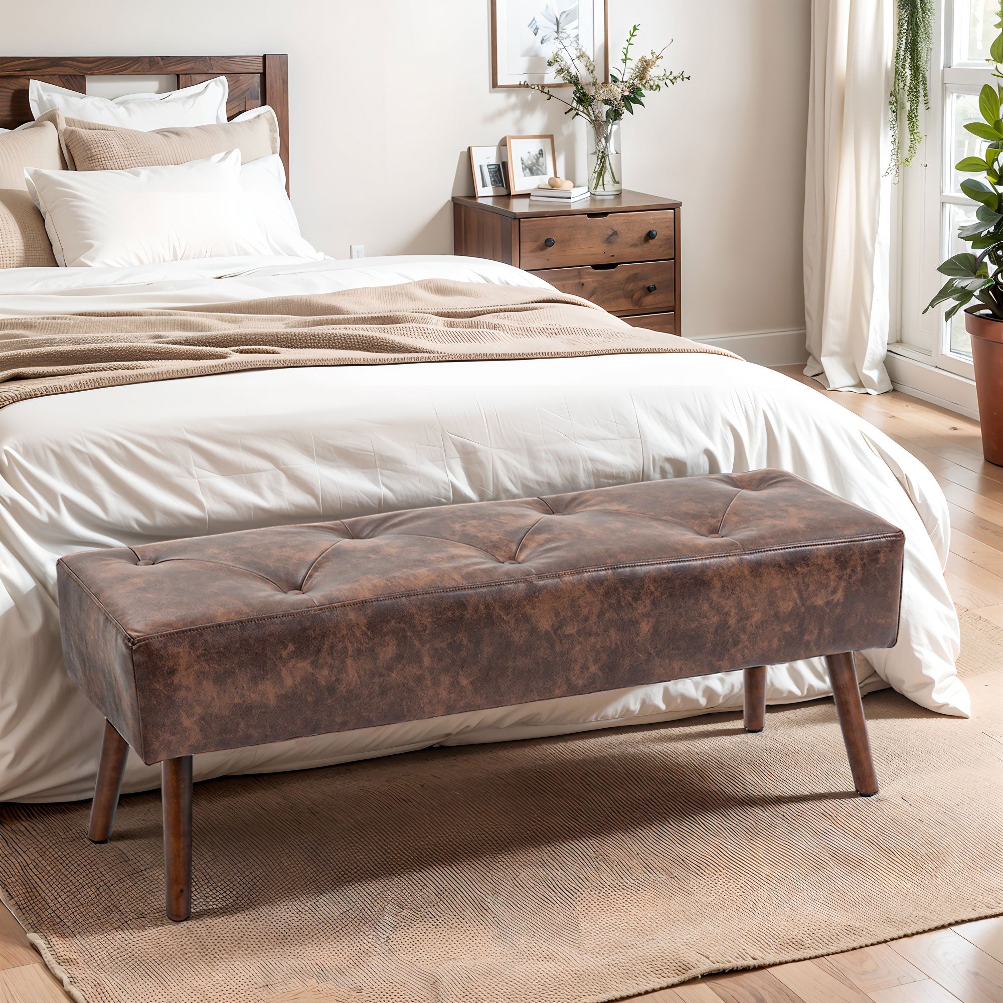 Bedroom Bench, End of Bed Bench with Button Tufted Design, PU Leather Upholstered Entryway Bench with Wood Legs, Brown Storage Ottomans & Benches   at Gallery Canada