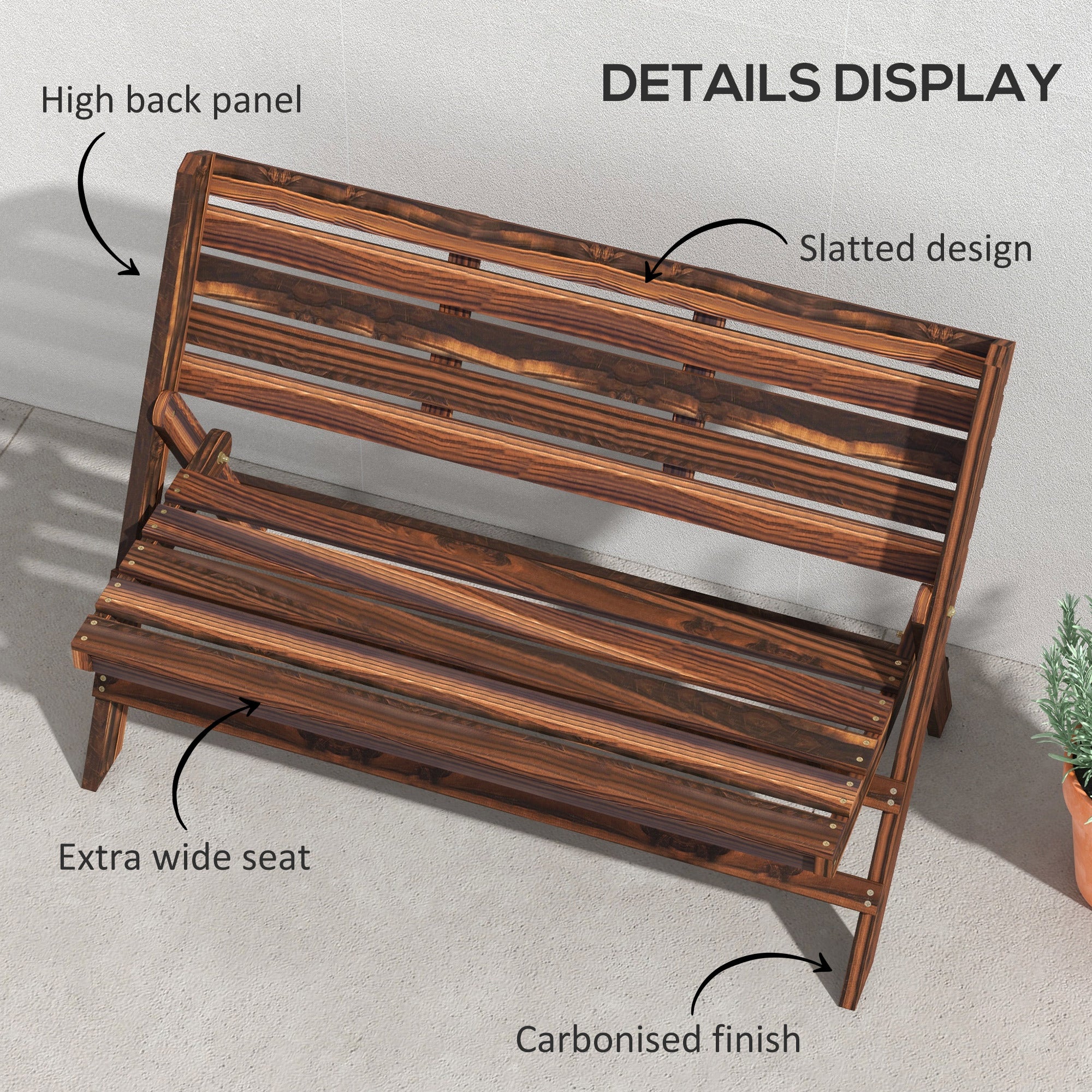 2-Seater Wooden Outdoor Bench, Foldable Garden Bench with Slatted Backrest and Seat, Patio Loveseat, Carbonised Finish Outdoor Benches at Gallery Canada