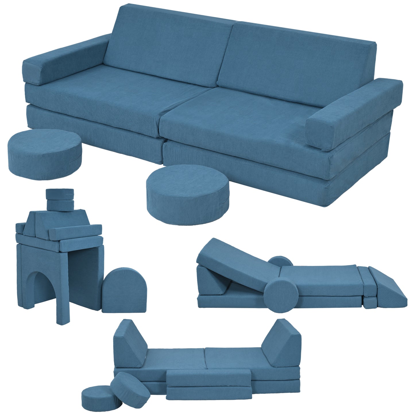 12-Piece Modular Kids Play Couch Building Fort for Playroom Bedroom, Convertible Kids Sofa, Blue Kids Chairs & Seating   at Gallery Canada