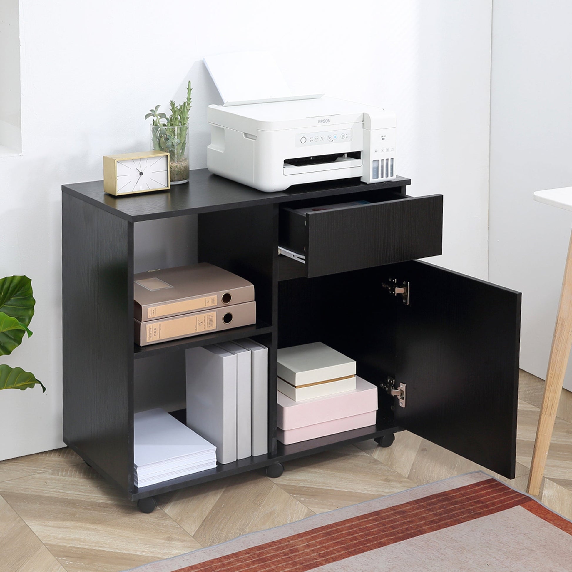 Filing Cabinet, Mobile Printer Stand with Open Storage Shelves, Drawer and Cabinet for Home Office, Black Office Cabinets & Cupboards   at Gallery Canada