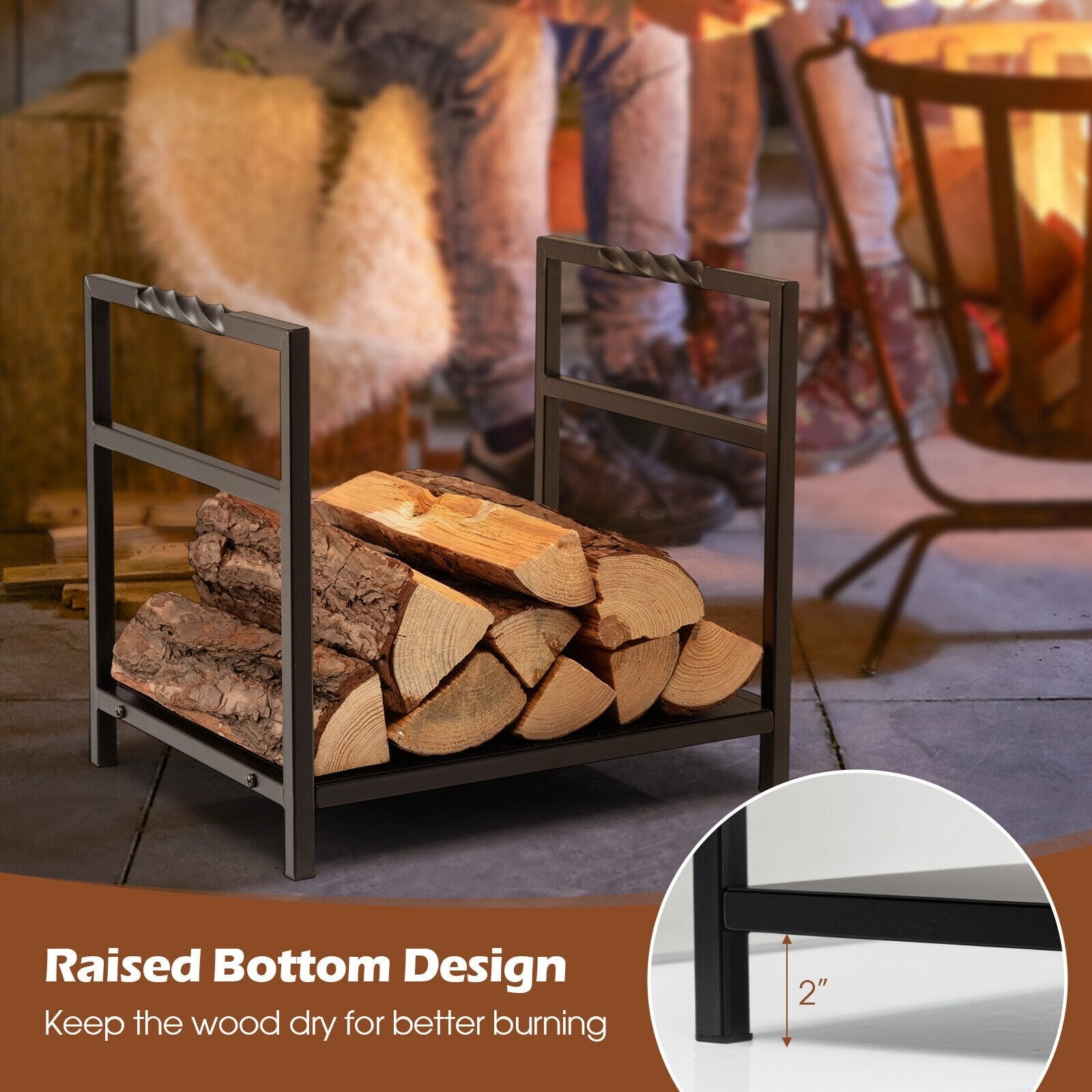 Firewood Log Rack with Unique Handle and Raised Feet, Black Log Storage   at Gallery Canada