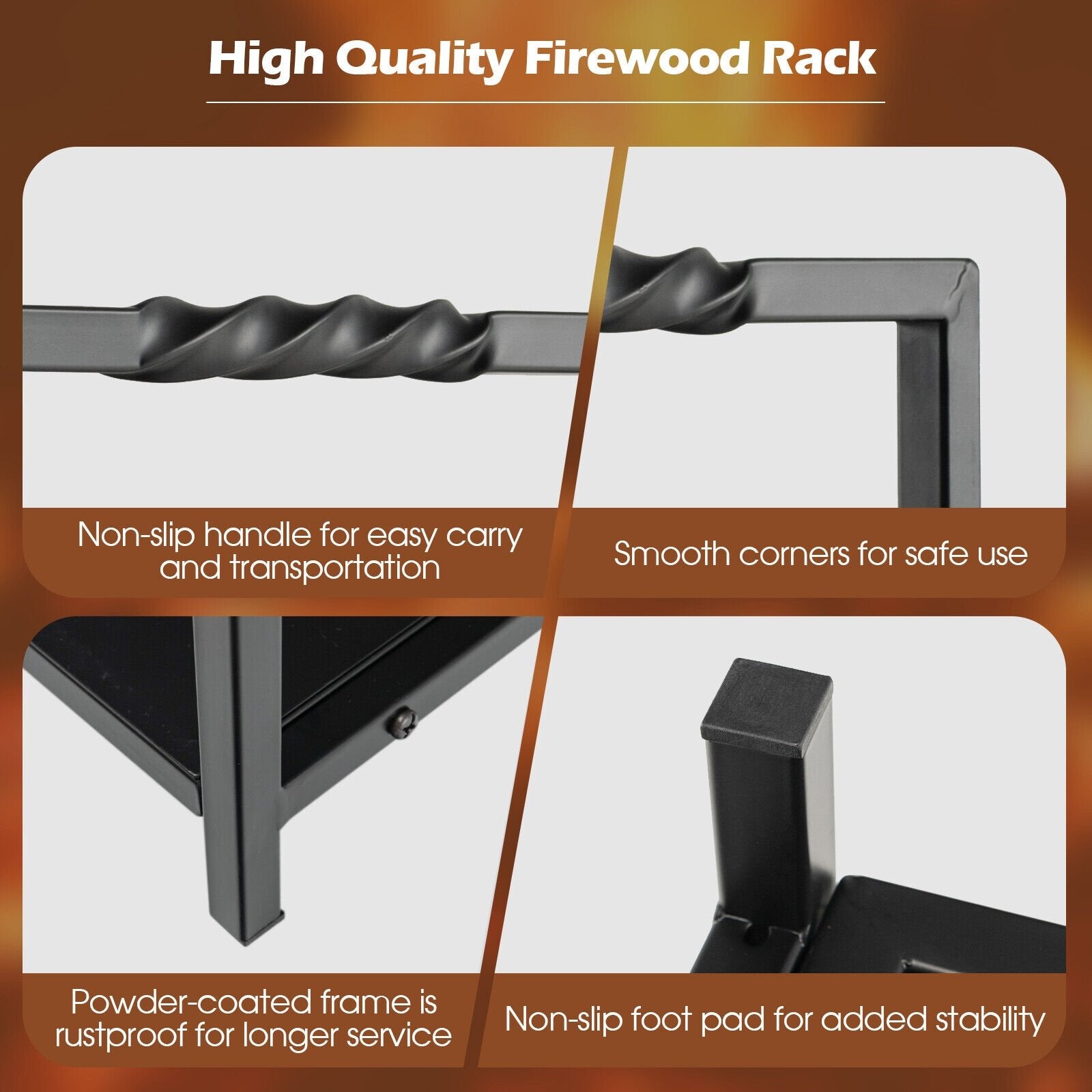 Firewood Log Rack with Unique Handle and Raised Feet, Black Log Storage   at Gallery Canada