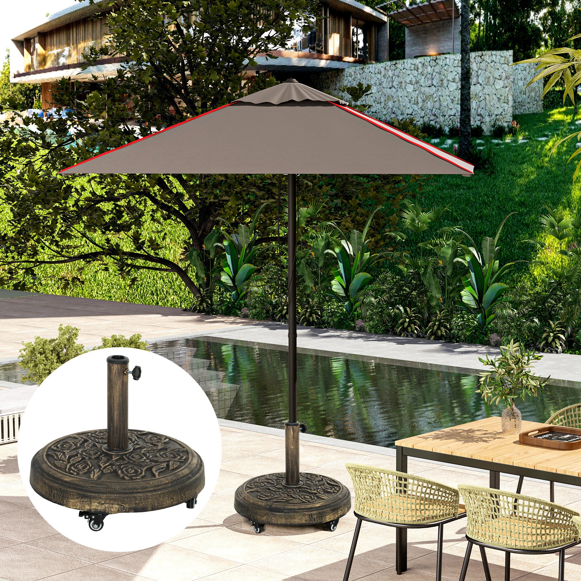 Round Patio Umbrella Base, 46 lbs Resin Umbrella Stand with Wheels, Outdoor Umbrella Stand for 1.3