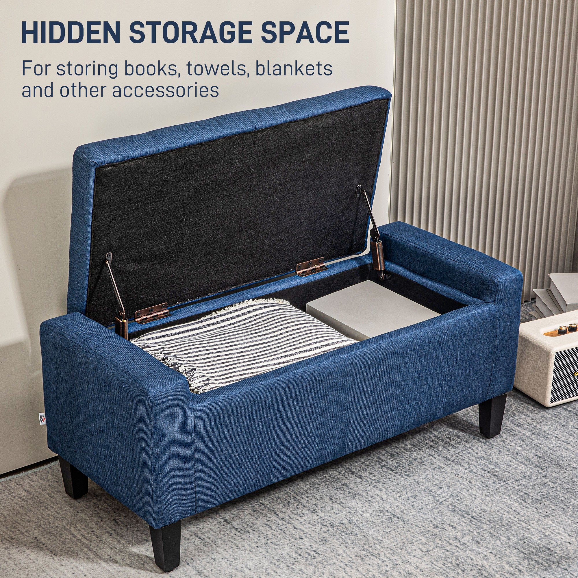 Storage Ottoman Bench, Linen Upholstered Bench with Tufted Design, Dark Blue Storage Ottomans & Benches at Gallery Canada
