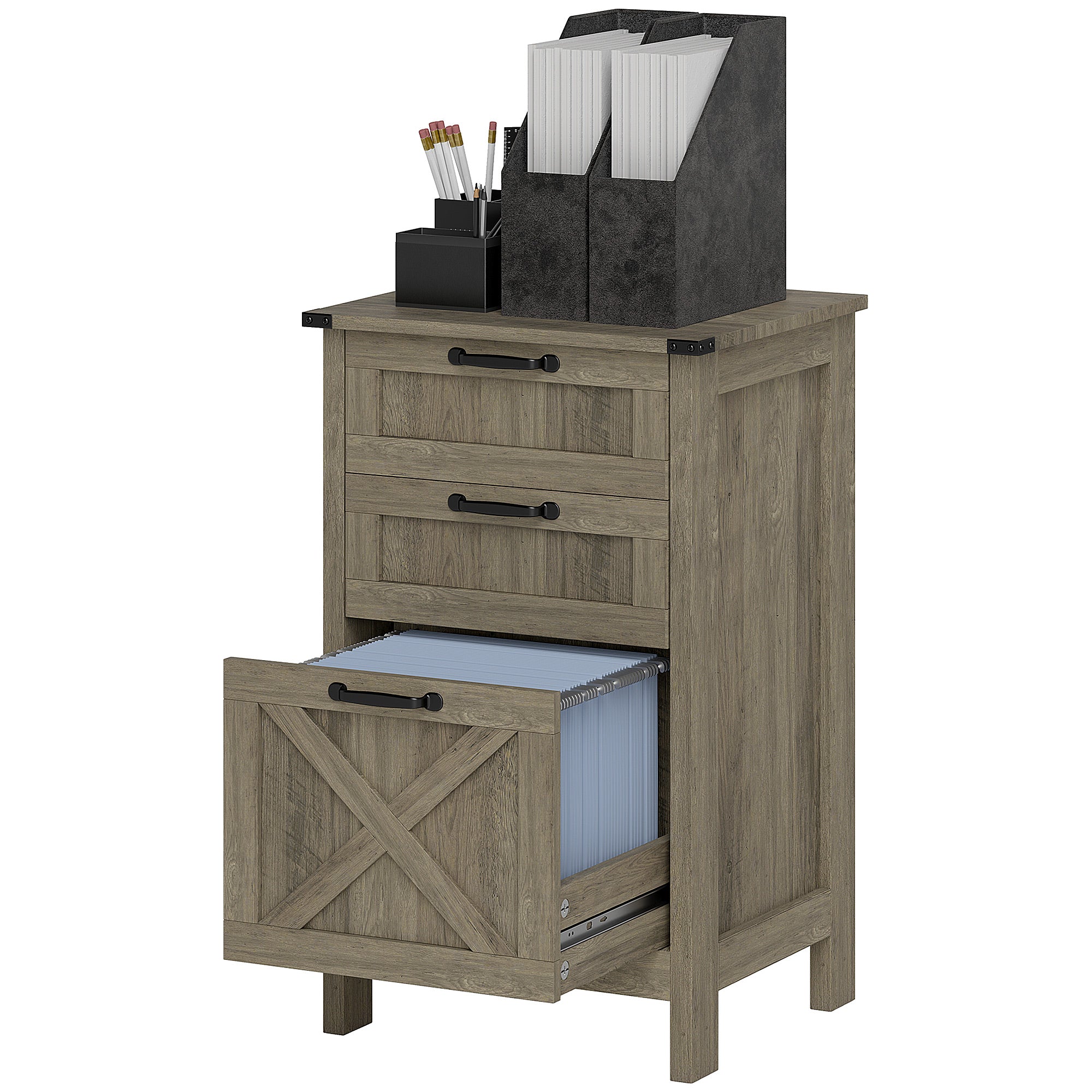 Vertical Filing Cabinet with 3 Drawers, Rustic Farmhouse Office Storage Cabinet for A4, Letter Size, Grey Wash Office Cabinets & Cupboards Grey Wash at Gallery Canada