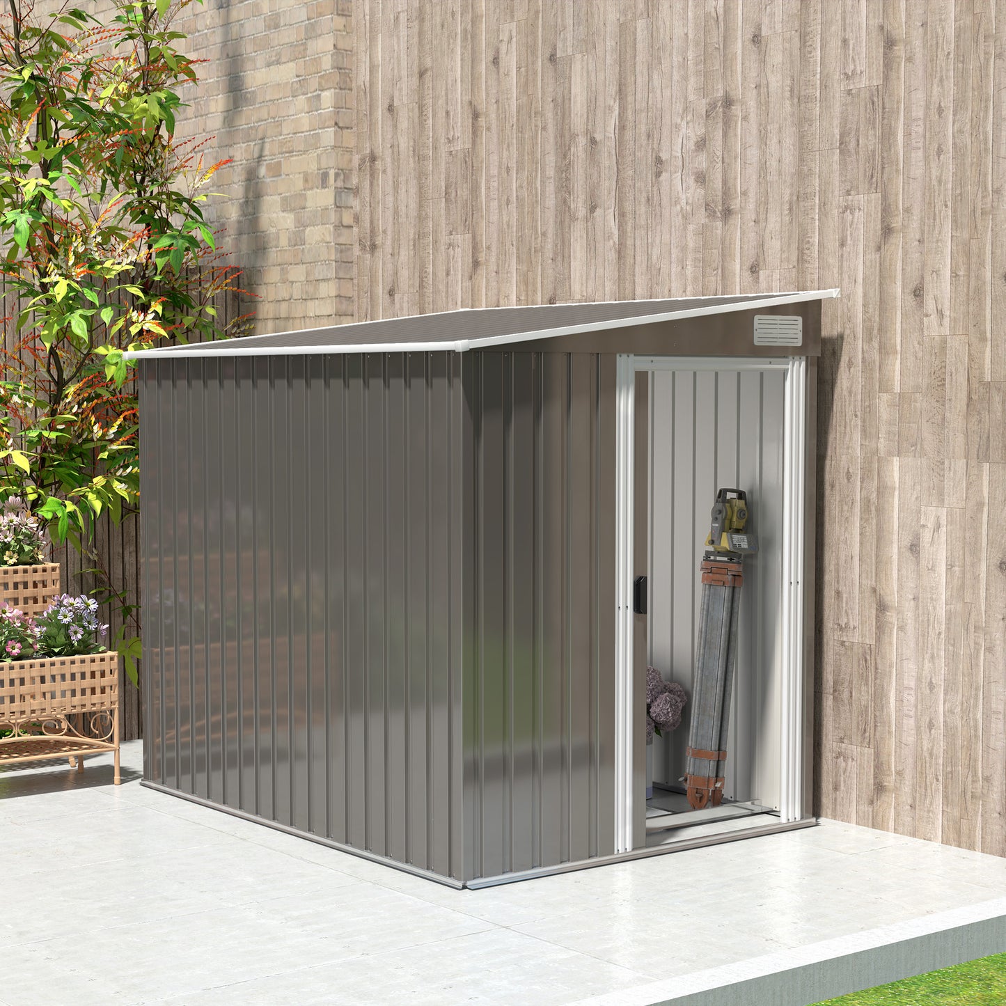 5'x7' Lean to Galvanized Metal Shed with Foundation, Garden Tool Storage House w/ Sliding Door and 2 Vents, Light Grey Sheds at Gallery Canada