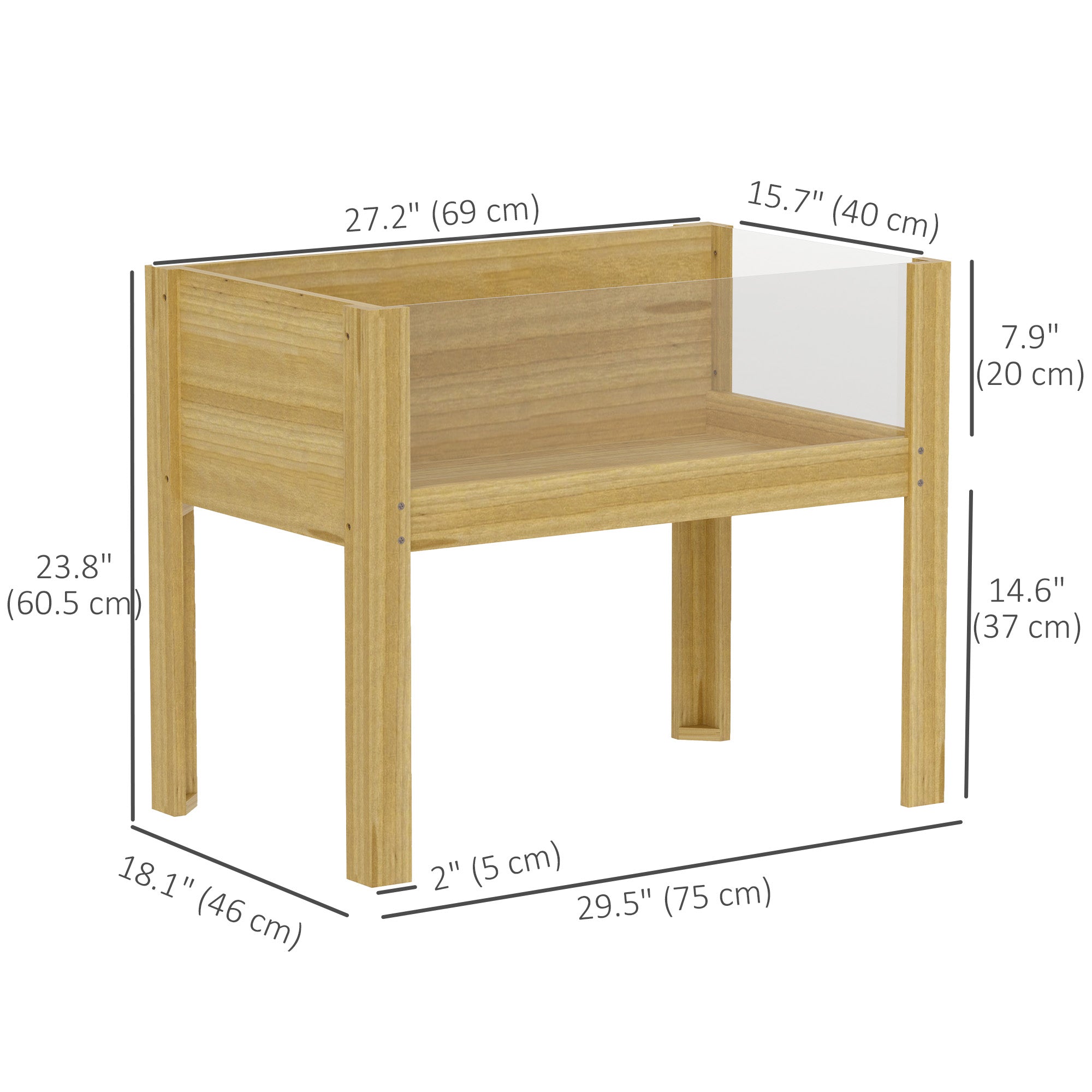 Wooden Raised Garden Bed with Acrylic Panels, Raised Planter Box with Drainage Holes, 29.5