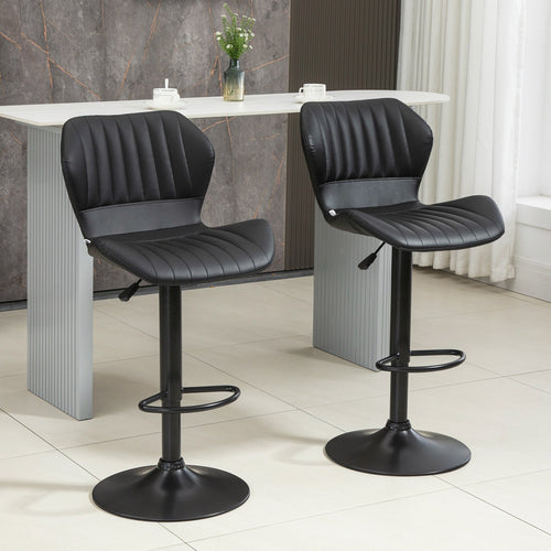 Shell Back Bar Stool Set of 2, PU Leather Adjustable Swivel Barstools with Chrome Base and Footrest for Kitchen Counter, Pub, Black