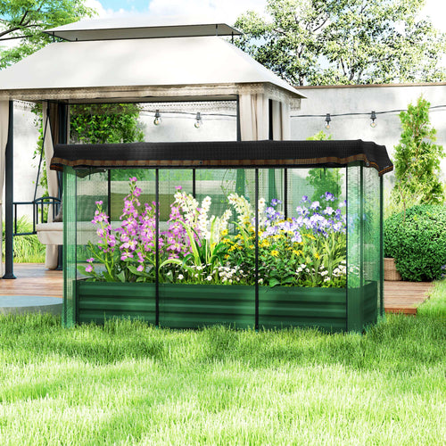 Galvanized Steel Planter Box with Crop Cage and Shade Cloth, Raised Garden Bed for Flowers, Vegs and Herbs, Green