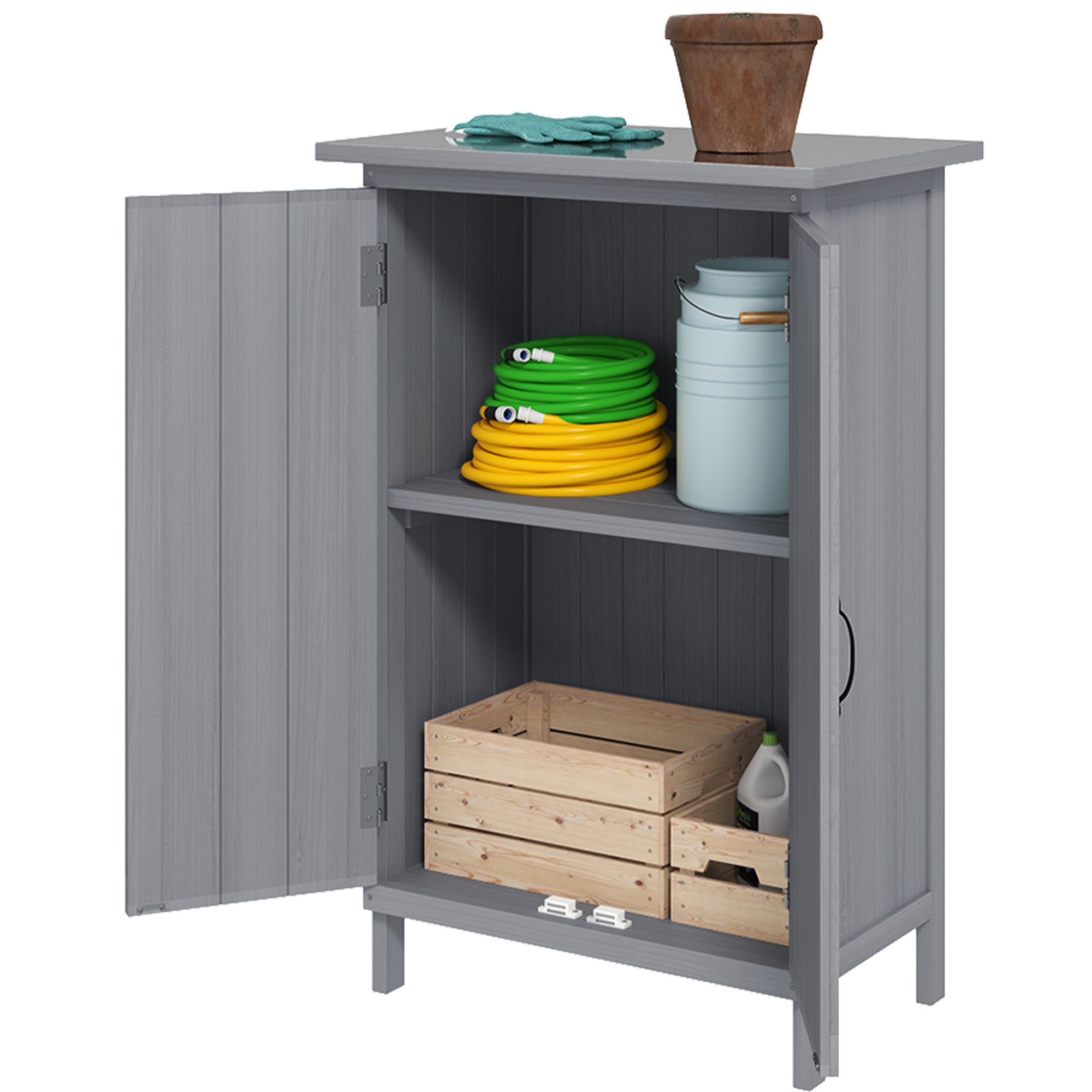 Outdoor Storage Cabinet, Wooden Garden Storage Shed with 2-Tier Shelves, Metal Tabletop and Magnetic Doors, Grey Sheds Grey at Gallery Canada