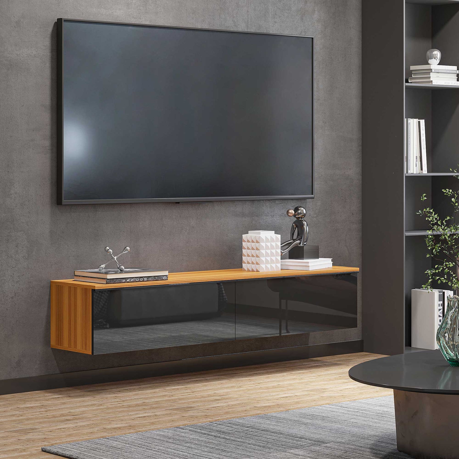 High Gloss Floating TV Stand for 70" TVs, Wall Mounted Media Console, Brown/Black TV Stands   at Gallery Canada