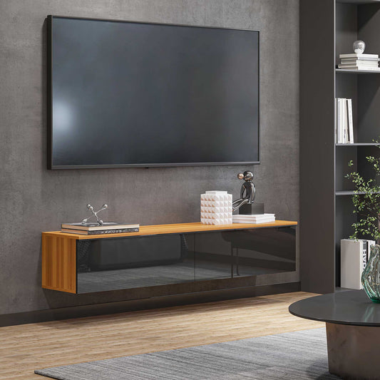Floating TV Stand Cabinet, Media Console for TVs up to 70" with High Gloss Effect, Wall Mounted Entertainment Unit with Storage Cupboards, Brown and Black - Gallery Canada
