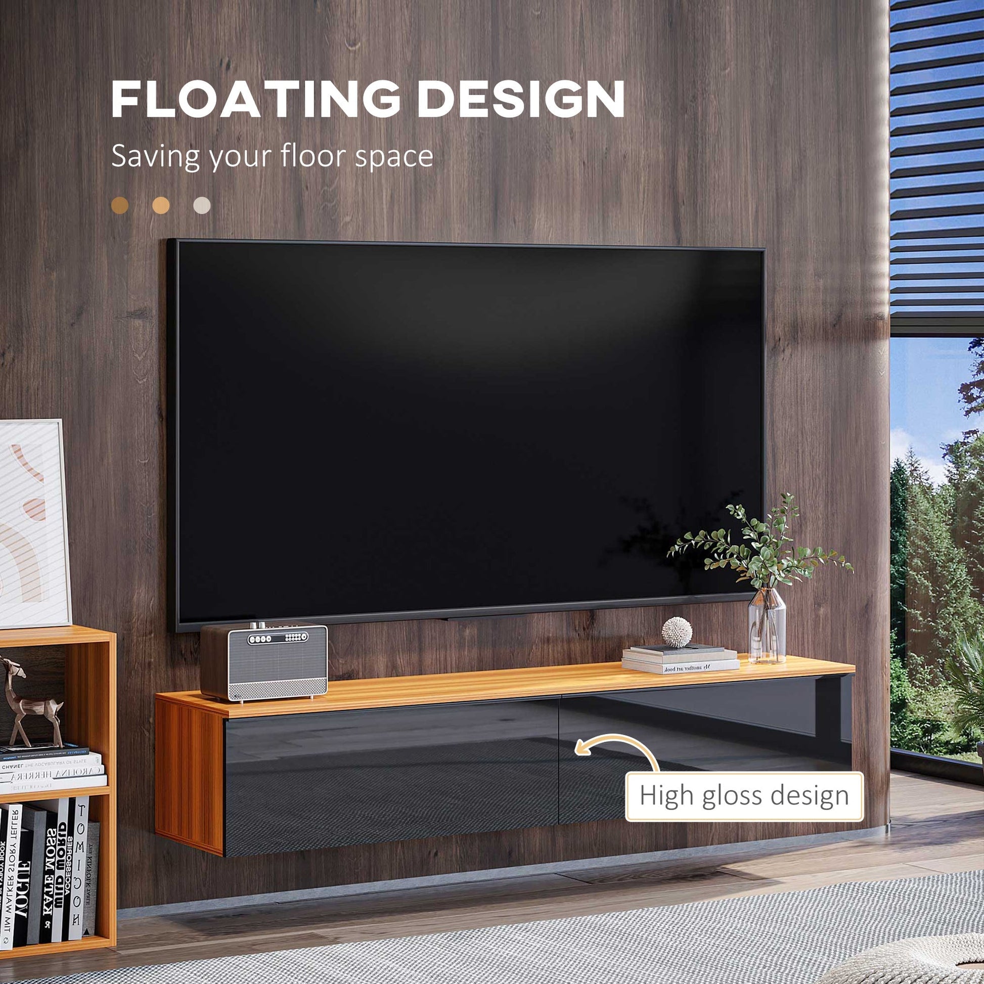 High Gloss Floating TV Stand for 70" TVs, Wall Mounted Media Console, Brown/Black TV Stands   at Gallery Canada