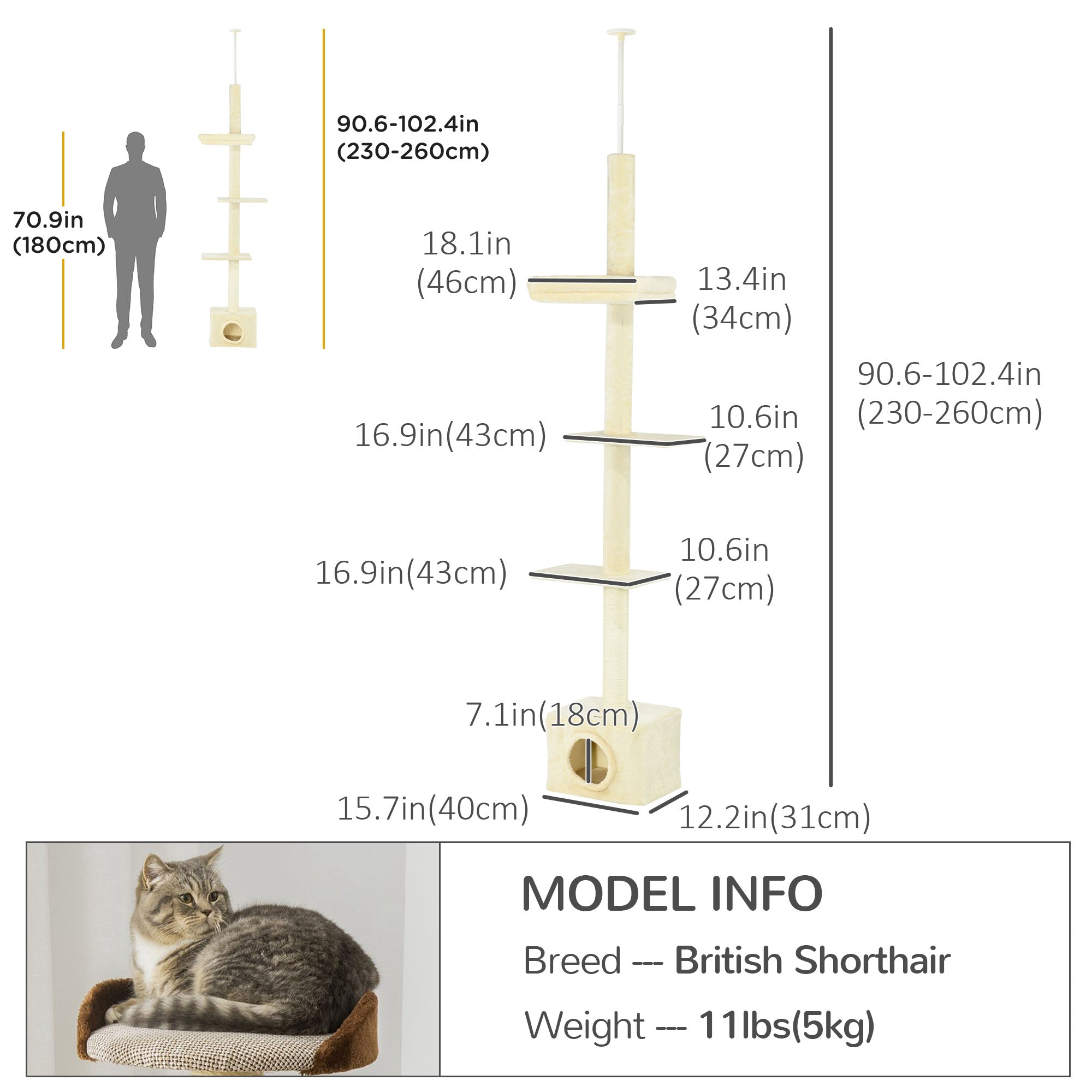 Floor to Ceiling Cat Tree with Scratching Post for Indoor Cats, Adjustable Height Cat Tower (91-102 Inches) with House, Bed, Beige Floor to Ceiling Cat Trees   at Gallery Canada