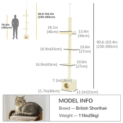 Floor to Ceiling Cat Tree with Scratching Post for Indoor Cats, Adjustable Height Cat Tower (91-102 Inches) with House, Bed, Beige Floor to Ceiling Cat Trees   at Gallery Canada