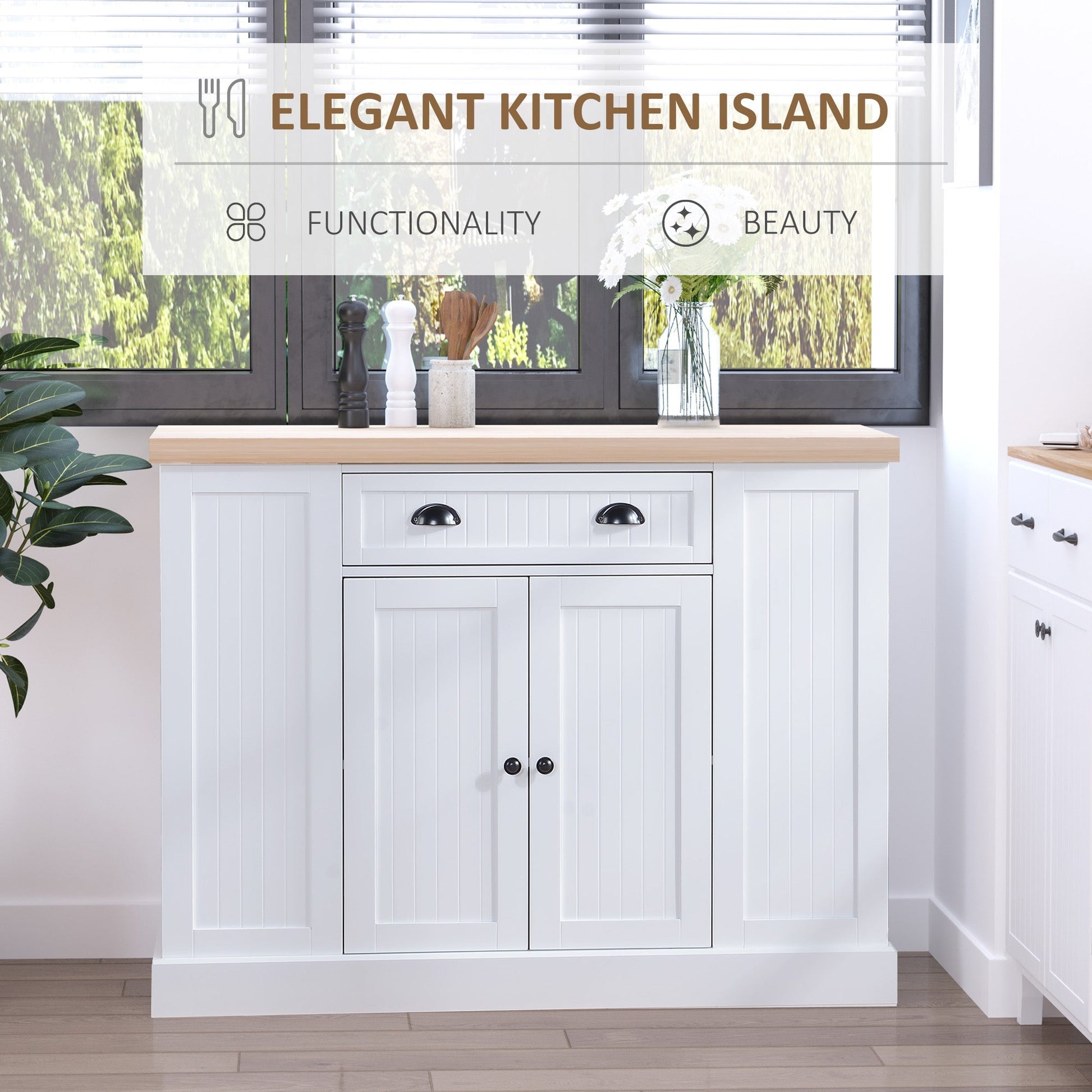 Fluted-Style Wooden Kitchen Island with Storage Cabinet and Drawer, Butcher Block Island for Dining Room, White Kitchen Pantry Cabinets   at Gallery Canada