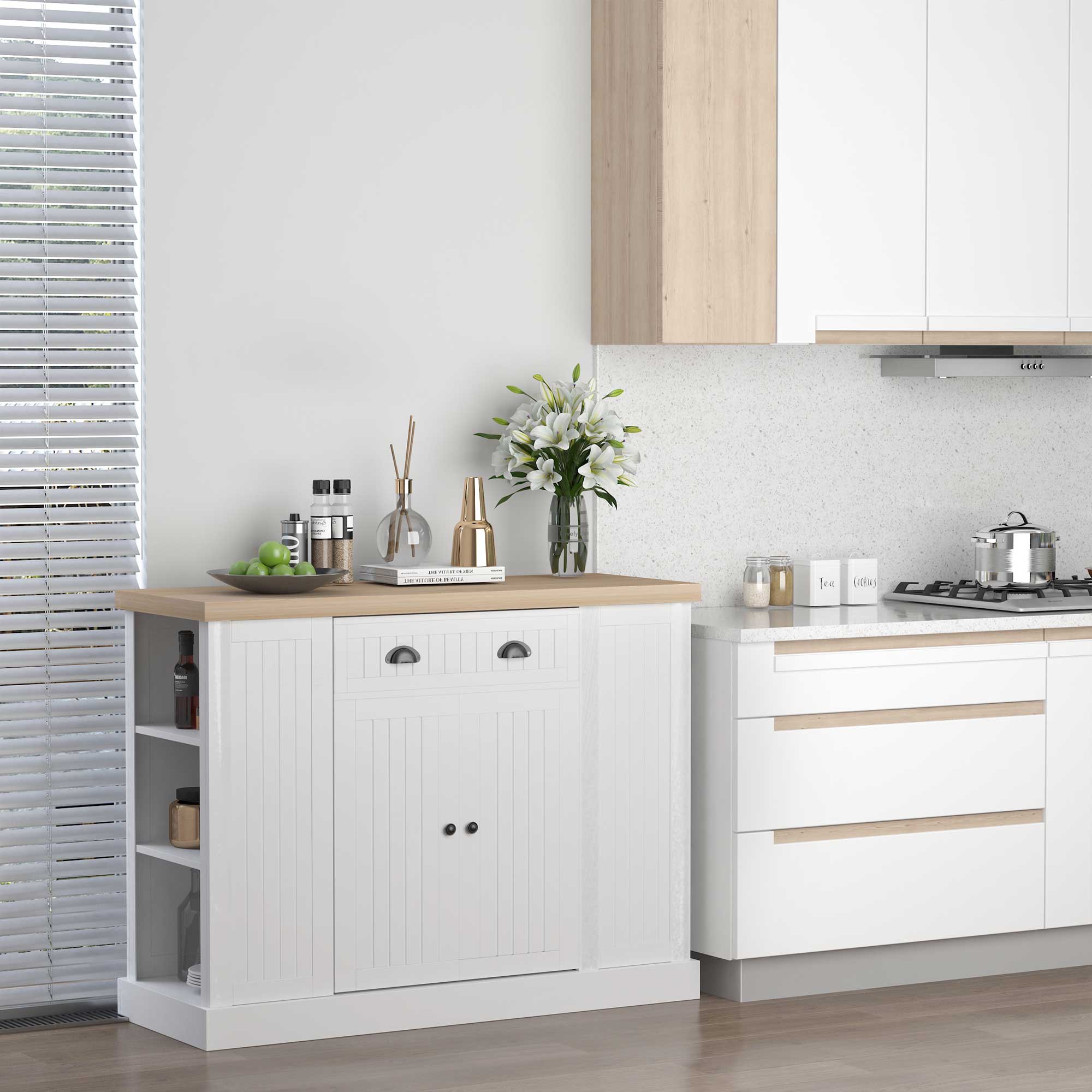 Fluted-Style Wooden Kitchen Island with Storage Cabinet and Drawer, Butcher Block Island for Dining Room, White Kitchen Pantry Cabinets   at Gallery Canada