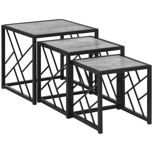 Nest of Tables Set of 3, Square Coffee Table Set with Metal Frame for Living Room, Bedroom, Grey